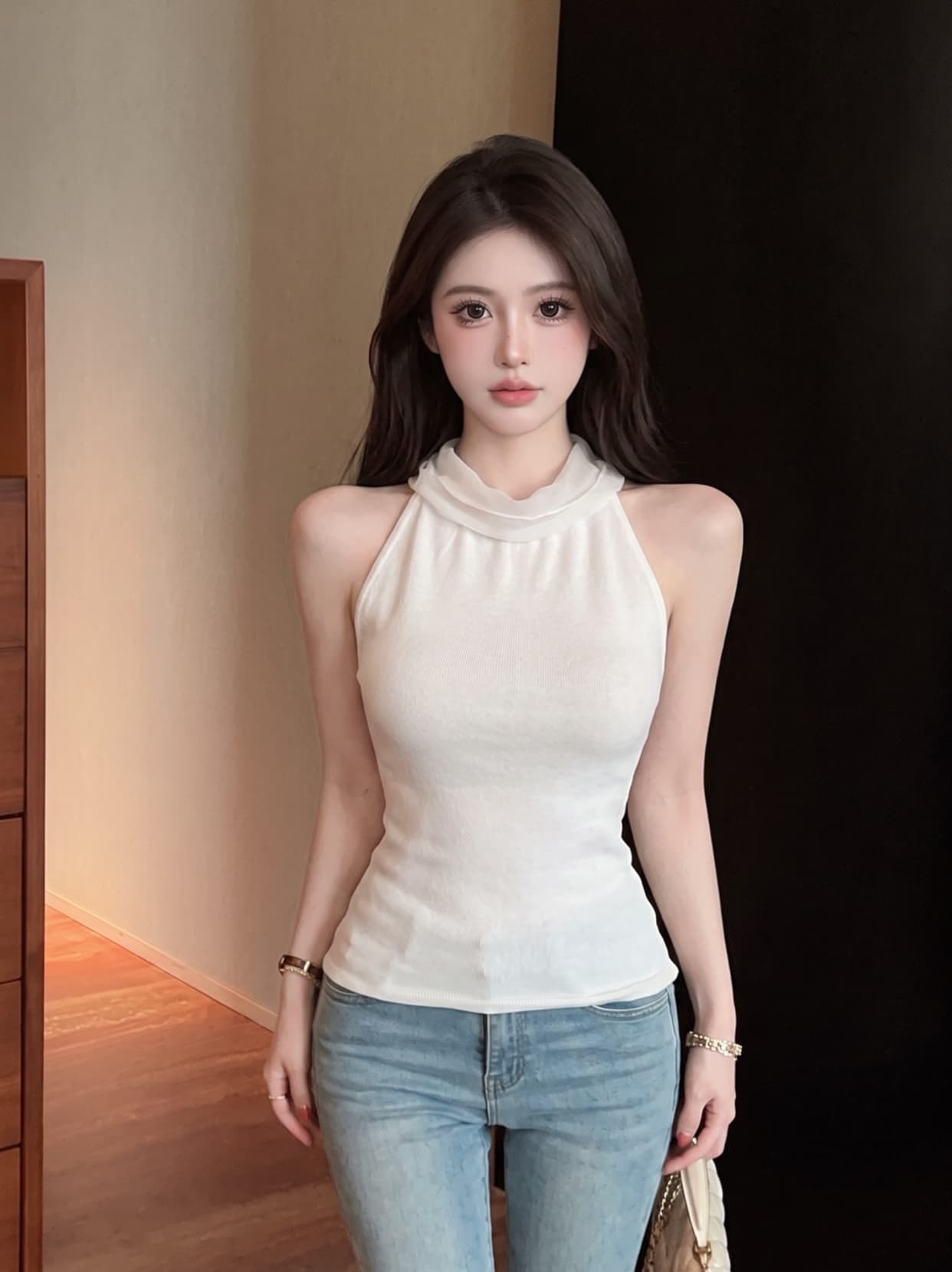 실사 프랑스식 니트 행침 목 캐미솔 인사이드 가져 가라. 만나는 여름 외출용 몸매 가꾸기 스트랩 민소매 맨위 상세 이미지 2