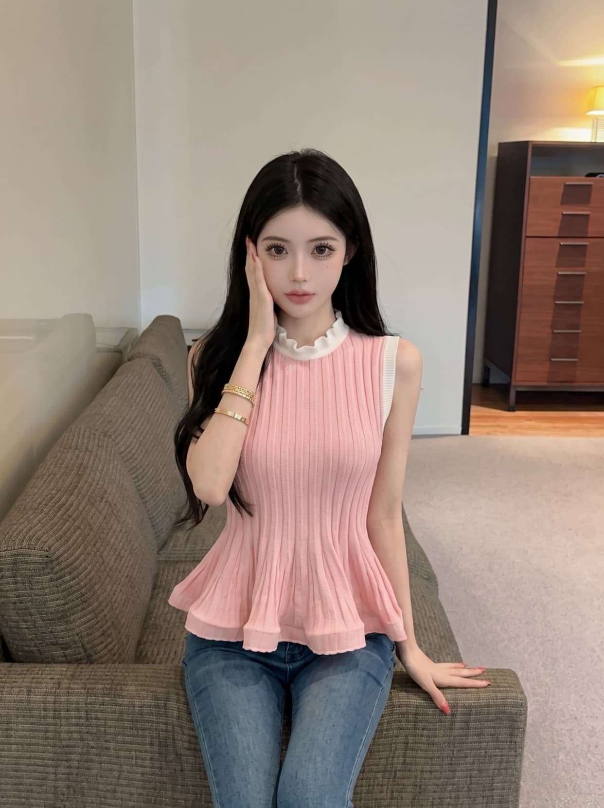 실사 레트로 구덩이 기사 조끼 얼음 실크 니트 스웨터 여성 여름 디자인 센스 프릴 치마 민소매 오프숄더 맨위 이미지 3