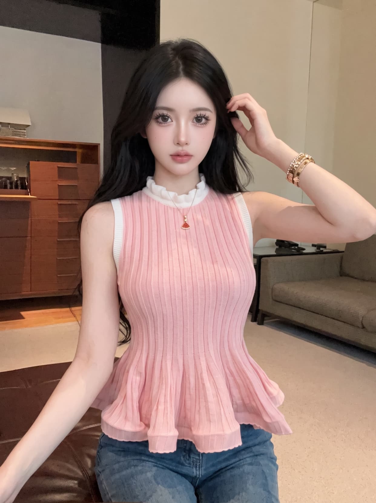 실사 레트로 구덩이 기사 조끼 얼음 실크 니트 스웨터 여성 여름 디자인 센스 프릴 치마 민소매 오프숄더 맨위 상세 이미지 8
