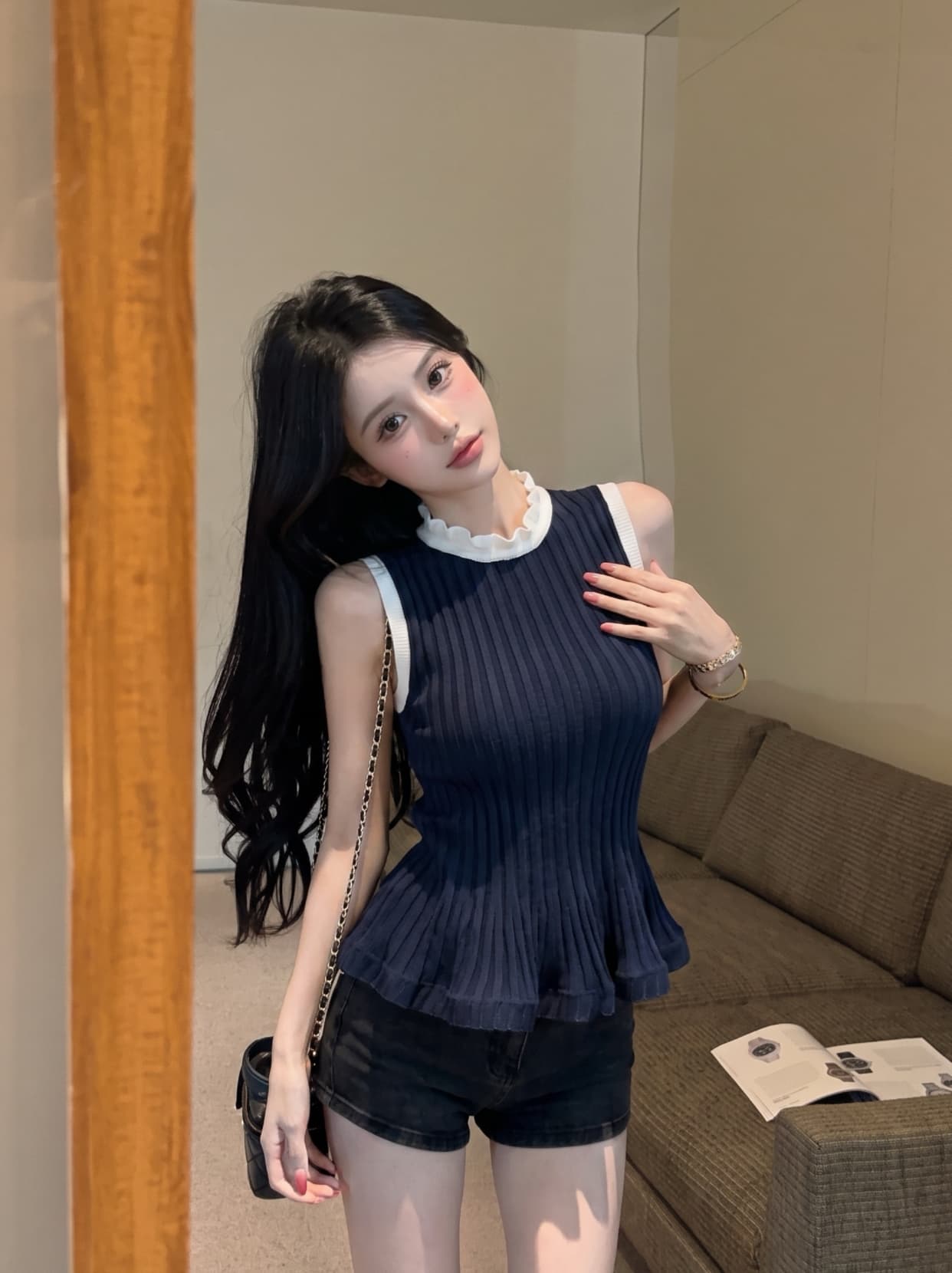 실사 레트로 구덩이 기사 조끼 얼음 실크 니트 스웨터 여성 여름 디자인 센스 프릴 치마 민소매 오프숄더 맨위 상세 이미지 12