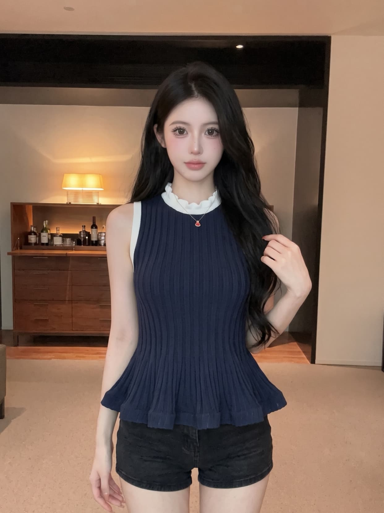 실사 레트로 구덩이 기사 조끼 얼음 실크 니트 스웨터 여성 여름 디자인 센스 프릴 치마 민소매 오프숄더 맨위 상세 이미지 13