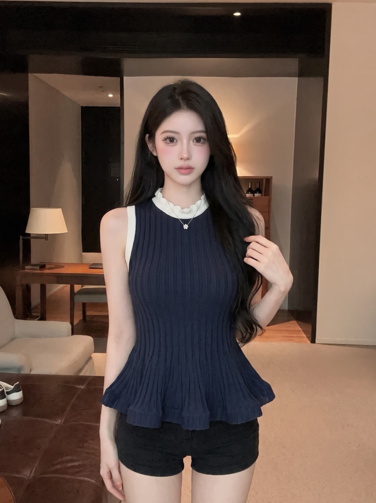 실사 레트로 구덩이 기사 조끼 얼음 실크 니트 스웨터 여성 여름 디자인 센스 프릴 치마 민소매 오프숄더 맨위 상세 이미지 14