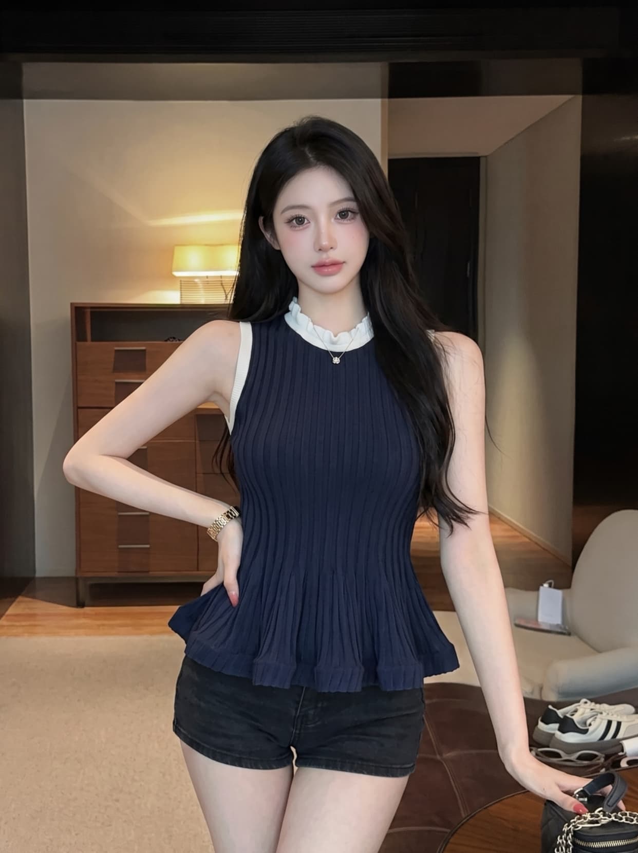 실사 레트로 구덩이 기사 조끼 얼음 실크 니트 스웨터 여성 여름 디자인 센스 프릴 치마 민소매 오프숄더 맨위 상세 이미지 15