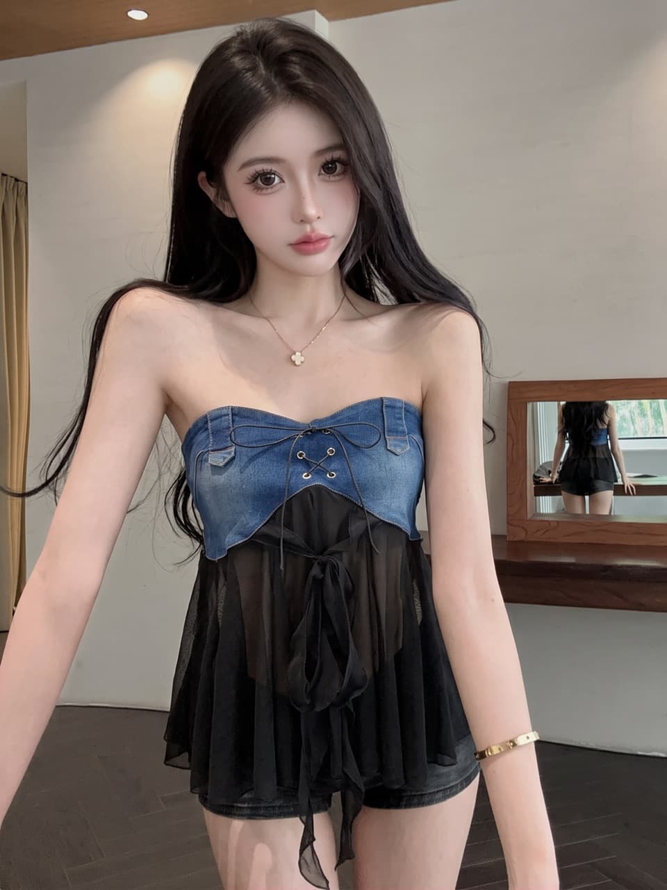 실사 불규칙 데님 패치워크 쉬폰 캐미솔 여름 핫걸 오프숄더 튜브탑 작은 맨위 이미지 4