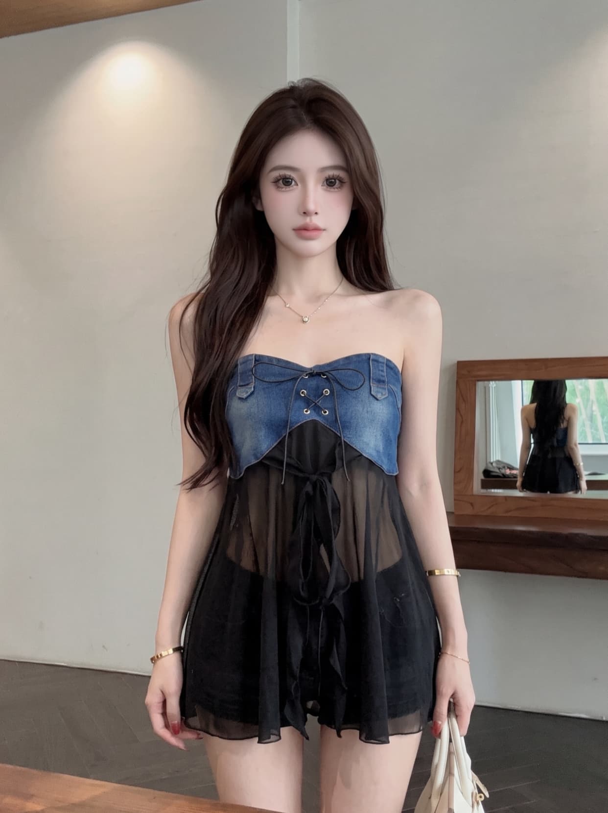 실사 불규칙 데님 패치워크 쉬폰 캐미솔 여름 핫걸 오프숄더 튜브탑 작은 맨위 상세 이미지 2