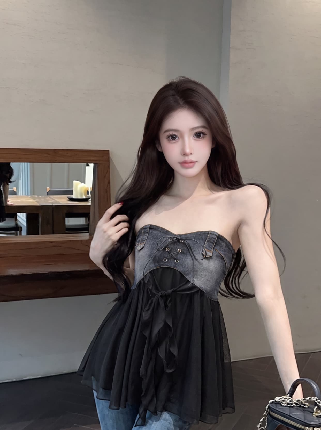 실사 불규칙 데님 패치워크 쉬폰 캐미솔 여름 핫걸 오프숄더 튜브탑 작은 맨위 상세 이미지 10