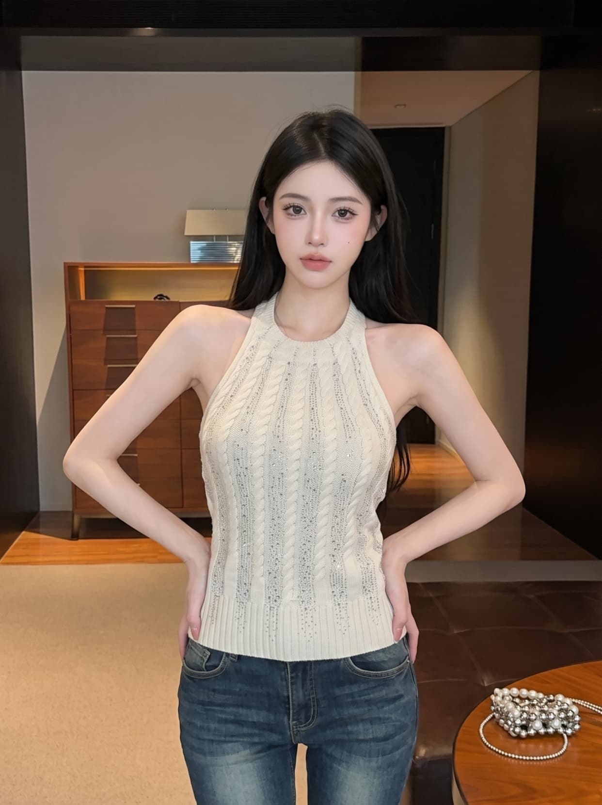 실사 핫걸 바람 앞면과 뒷면 둘 착용 행침 목 니트 스웨터 여성 여름 순수한 욕망 바람 섹시함 백리스 튜브탑 조끼 트렌디 상세 이미지 5