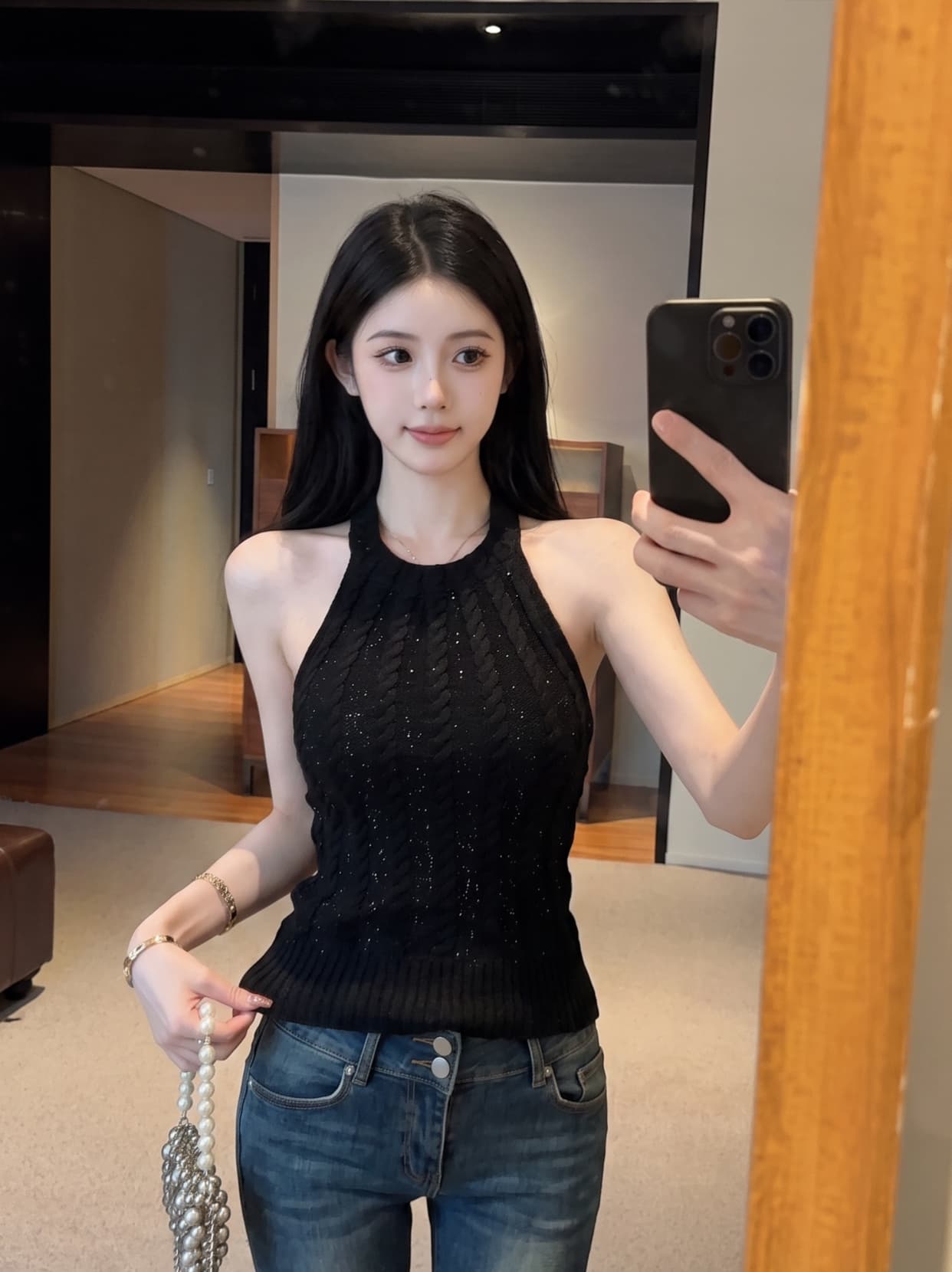 실사 핫걸 바람 앞면과 뒷면 둘 착용 행침 목 니트 스웨터 여성 여름 순수한 욕망 바람 섹시함 백리스 튜브탑 조끼 트렌디 상세 이미지 7