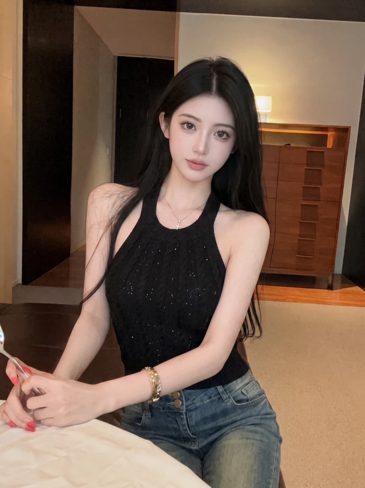 실사 핫걸 바람 앞면과 뒷면 둘 착용 행침 목 니트 스웨터 여성 여름 순수한 욕망 바람 섹시함 백리스 튜브탑 조끼 트렌디 상세 이미지 8