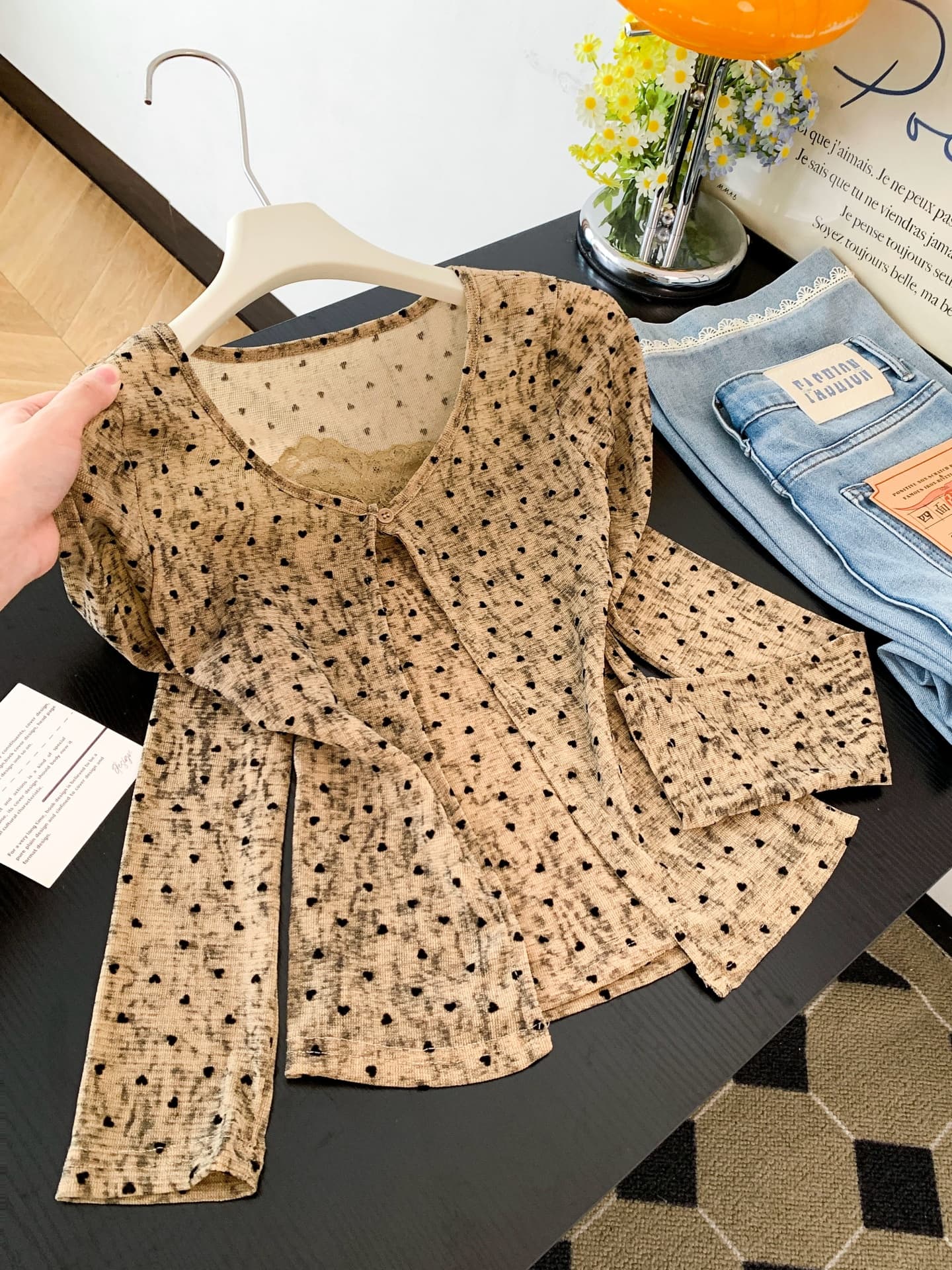 실사 도트 무늬 하트 긴팔 오픈 가디건 여성 여름 새로운 레이스 조각 캐미솔 슬림해 보이는 투피스 세트 상세 이미지 10