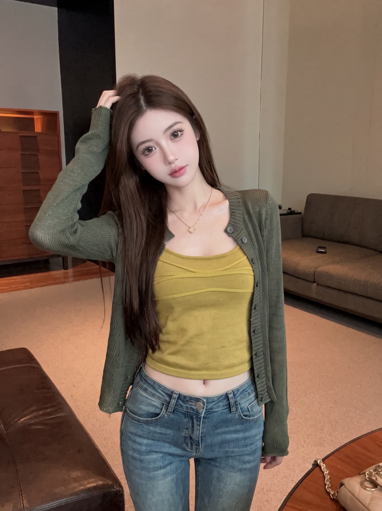 실사 한 부서 긴팔 니트 오픈 가디건 여성 조기 가을 스택 착용 몸매 가꾸기 쇼트 스타일 캐미솔 맨위 투피스 세트 상세 이미지 3
