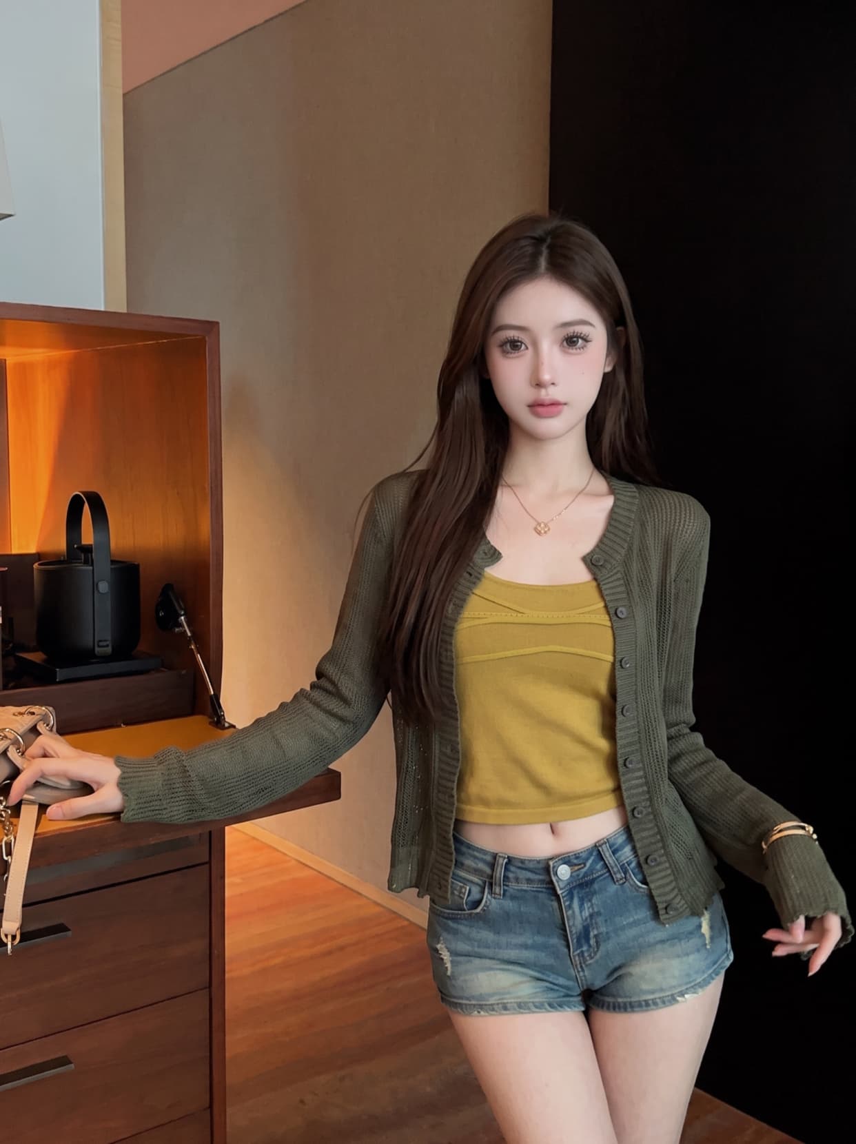 실사 한 부서 긴팔 니트 오픈 가디건 여성 조기 가을 스택 착용 몸매 가꾸기 쇼트 스타일 캐미솔 맨위 투피스 세트 상세 이미지 4