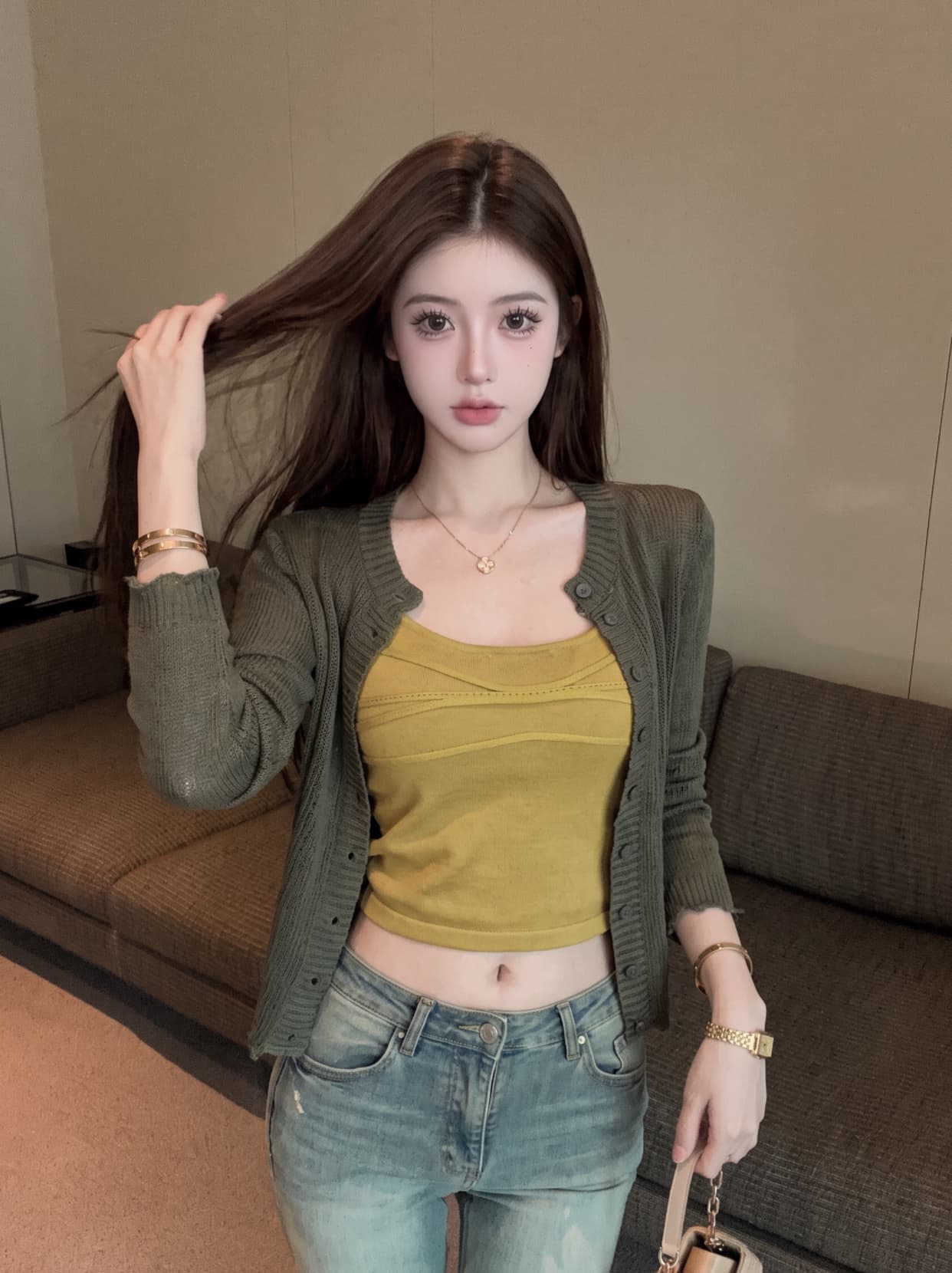 실사 한 부서 긴팔 니트 오픈 가디건 여성 조기 가을 스택 착용 몸매 가꾸기 쇼트 스타일 캐미솔 맨위 투피스 세트 상세 이미지 6