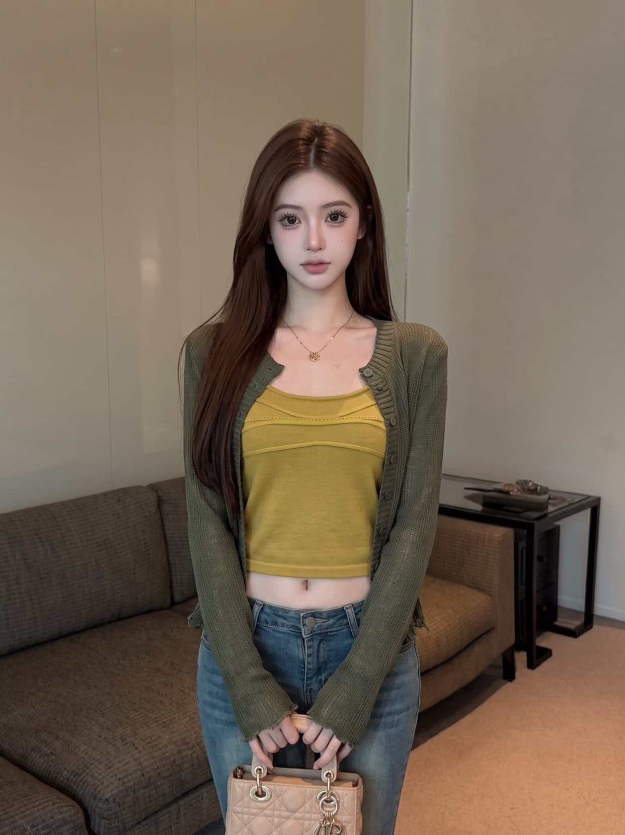 실사 한 부서 긴팔 니트 오픈 가디건 여성 조기 가을 스택 착용 몸매 가꾸기 쇼트 스타일 캐미솔 맨위 투피스 세트 상세 이미지 8