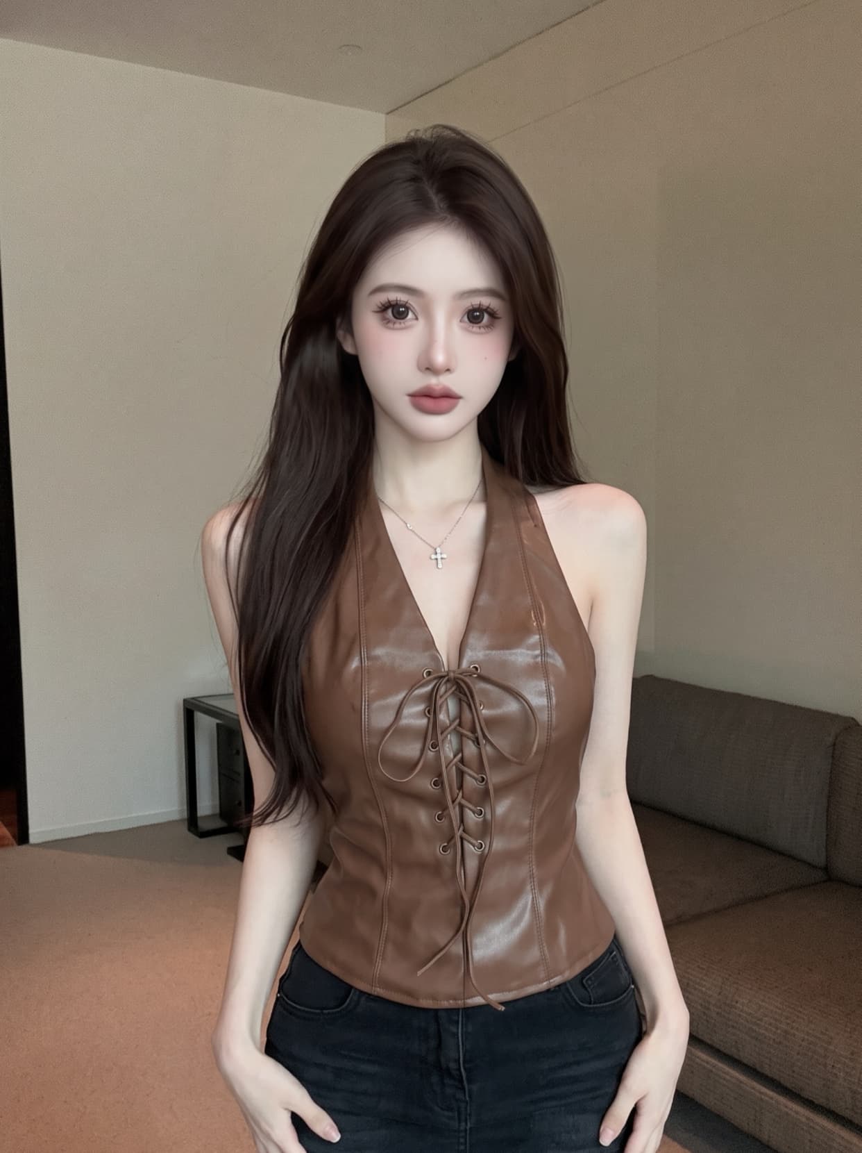 실사 아메리칸 핫걸 바람 PU 가죽 레이스업 행침 목 오프숄더 조끼 여성 여름 백리스 지퍼 몸매 가꾸기 슬림해 보이는 맨위 상세 이미지 4