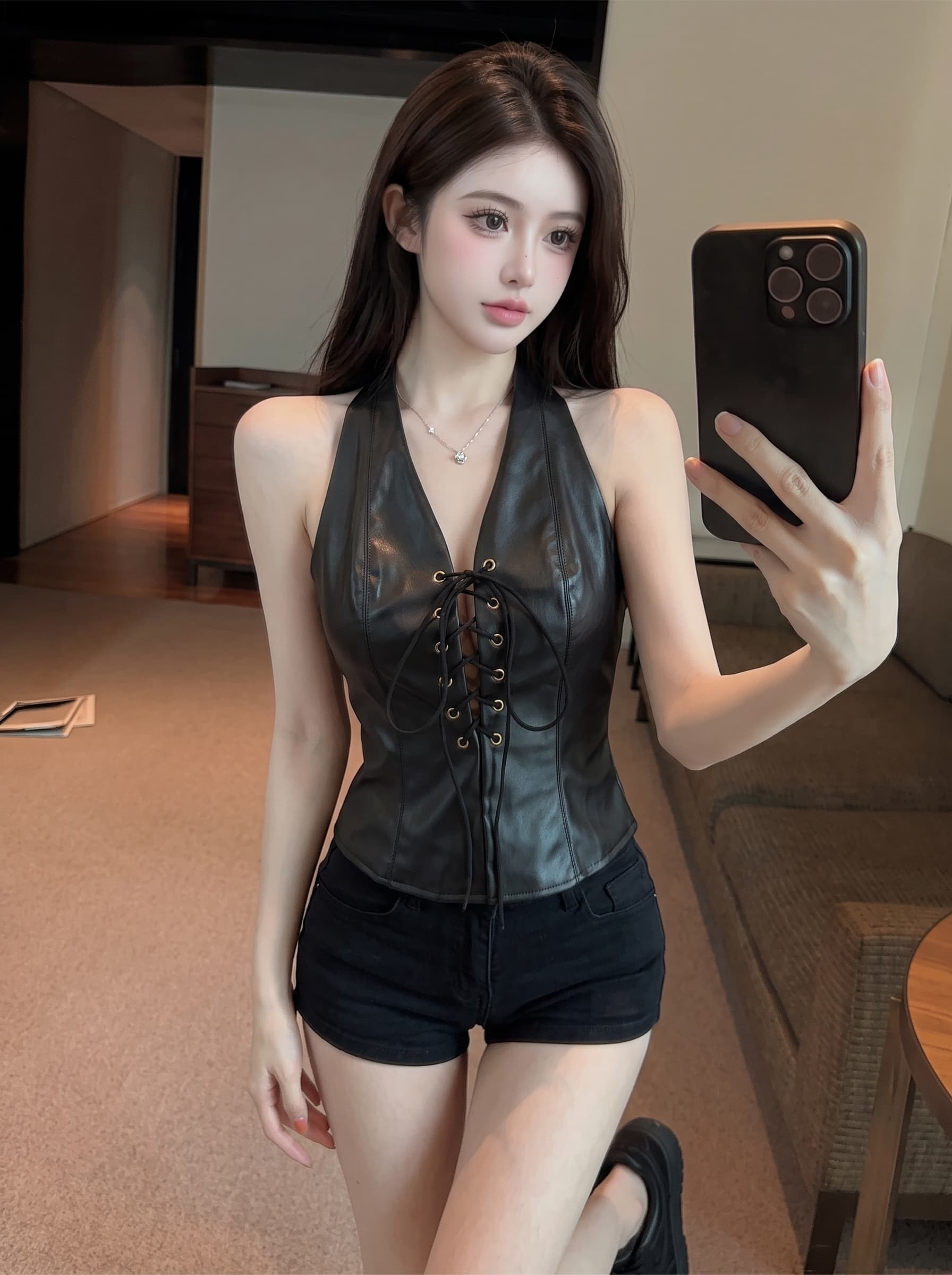 실사 아메리칸 핫걸 바람 PU 가죽 레이스업 행침 목 오프숄더 조끼 여성 여름 백리스 지퍼 몸매 가꾸기 슬림해 보이는 맨위 상세 이미지 12