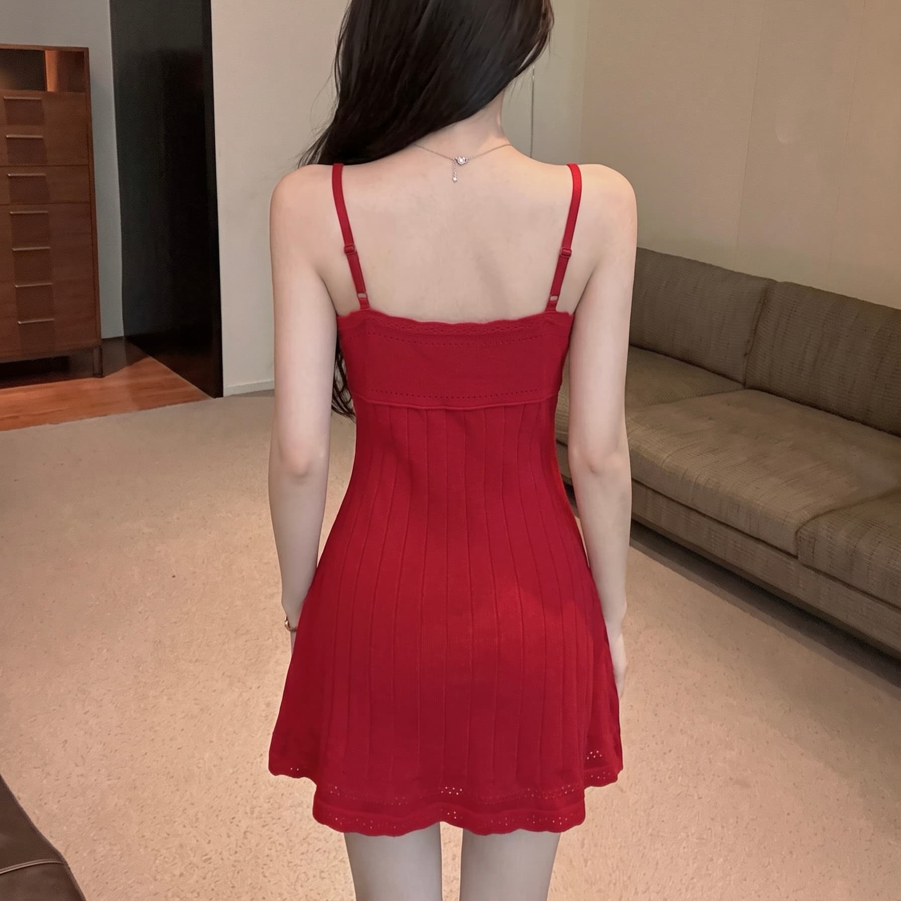 실사 자수 홀로우 아웃 V넥 슬립 여성 드레스 여름 순수한 욕망 바람 허리 수축 A라인 스커트 품격 슬림해 보이는 짧은 치마 이미지 6