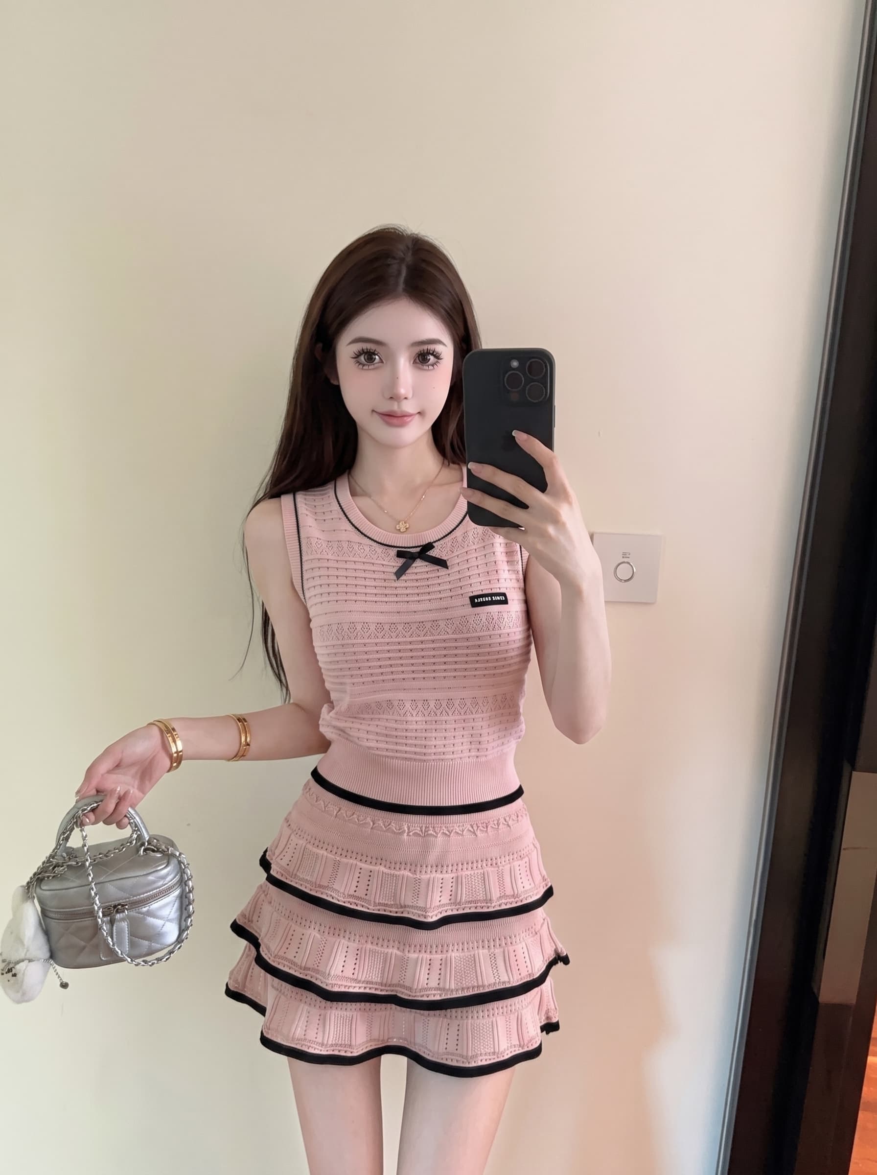 실사 프랑스식 천 금빛 바람 니트 조끼 프릴 반신 스커트 여성 여름 새로운 나비 매듭 투피스 슈트 상세 이미지 11
