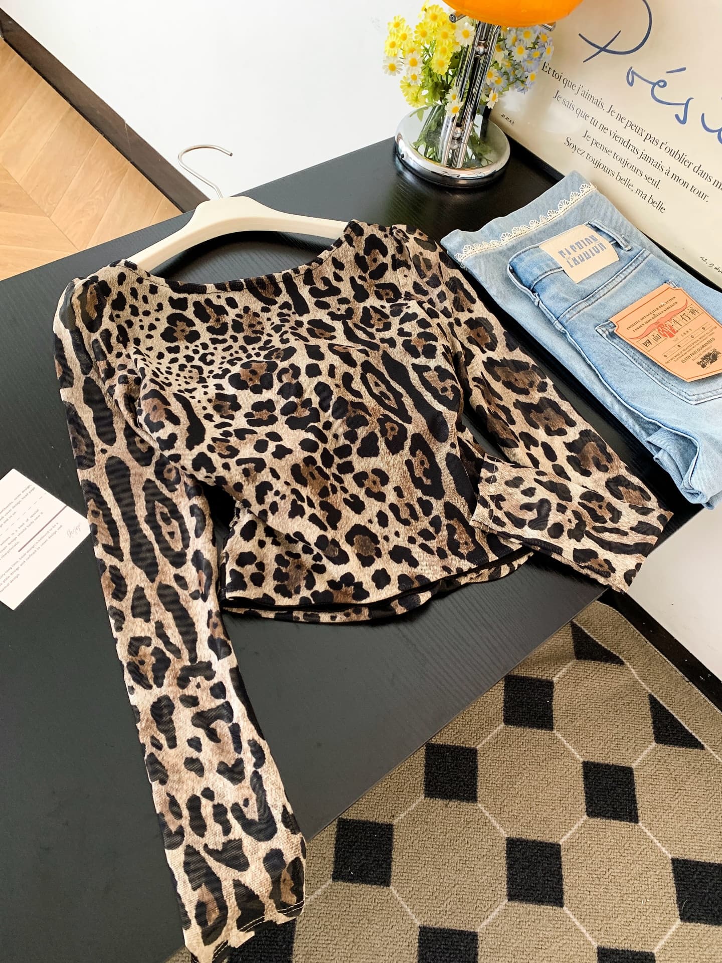 실사 순수한 욕망 바람 광장 칼라 레오파드 무늬 스트랩 긴팔 티셔츠 여성 가을 핫걸 레이스 레이스 허리 수축 쇼트 스타일 맨위 상세 이미지 8