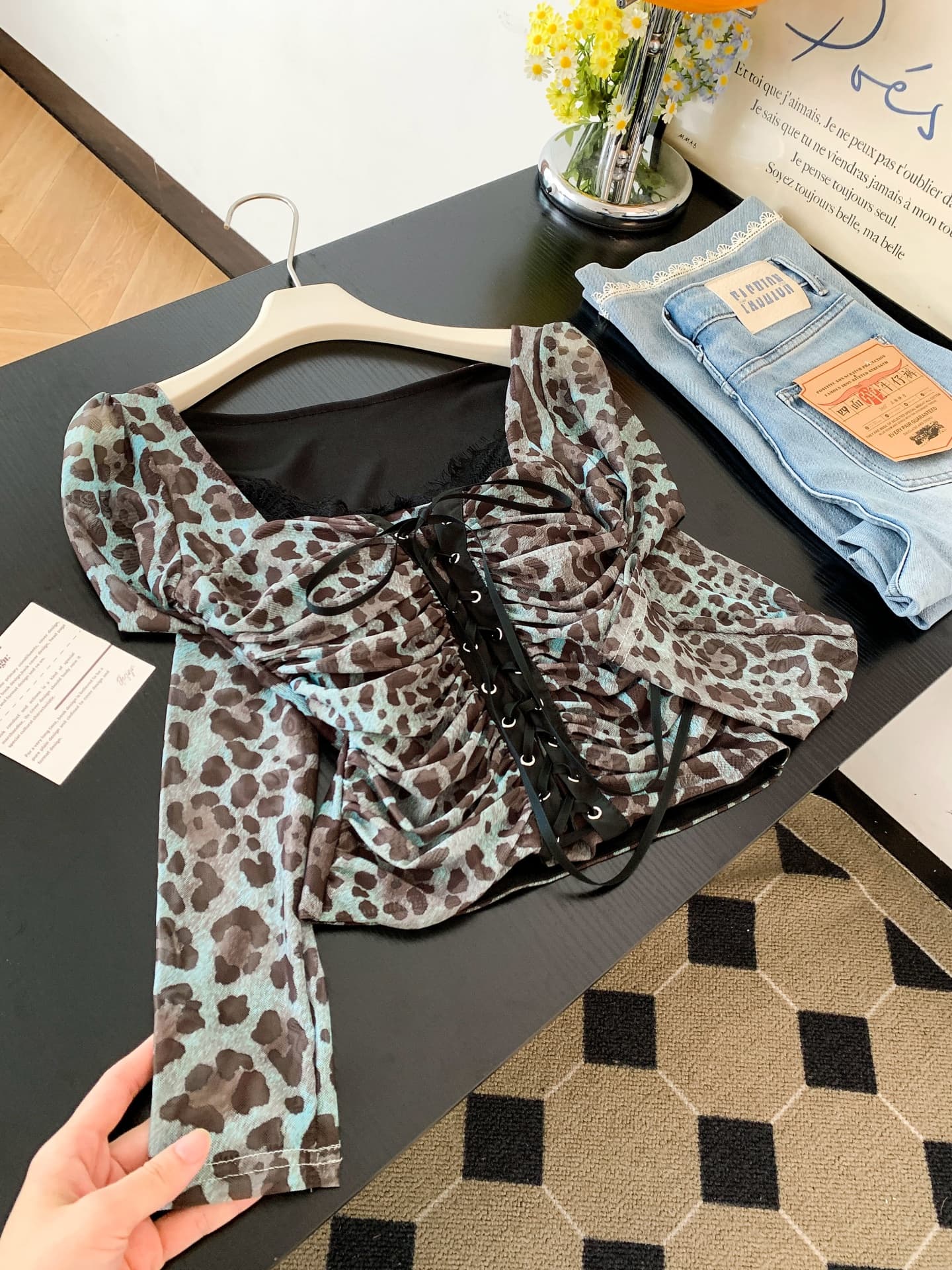 실사 순수한 욕망 바람 광장 칼라 레오파드 무늬 스트랩 긴팔 티셔츠 여성 가을 핫걸 레이스 레이스 허리 수축 쇼트 스타일 맨위 상세 이미지 21