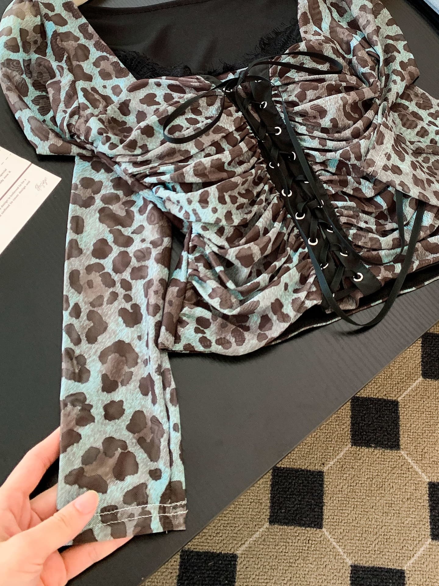 실사 순수한 욕망 바람 광장 칼라 레오파드 무늬 스트랩 긴팔 티셔츠 여성 가을 핫걸 레이스 레이스 허리 수축 쇼트 스타일 맨위 상세 이미지 24
