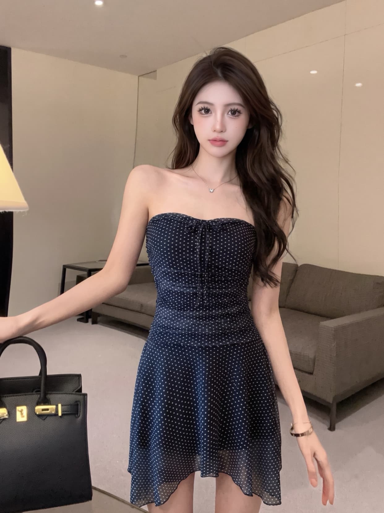 실사 프랑스식 순수한 욕망 품격 도트 무늬 튜브탑 레이스업 여성 드레스 여름 허리 수축 슬림해 보이는 불규칙 짧은 치마 이미지 2