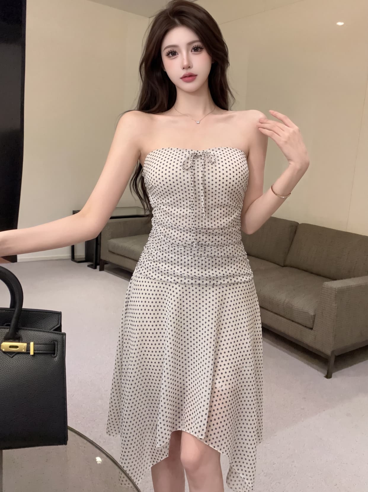 실사 프랑스식 순수한 욕망 품격 도트 무늬 튜브탑 레이스업 여성 드레스 여름 허리 수축 슬림해 보이는 불규칙 짧은 치마 상세 이미지 5