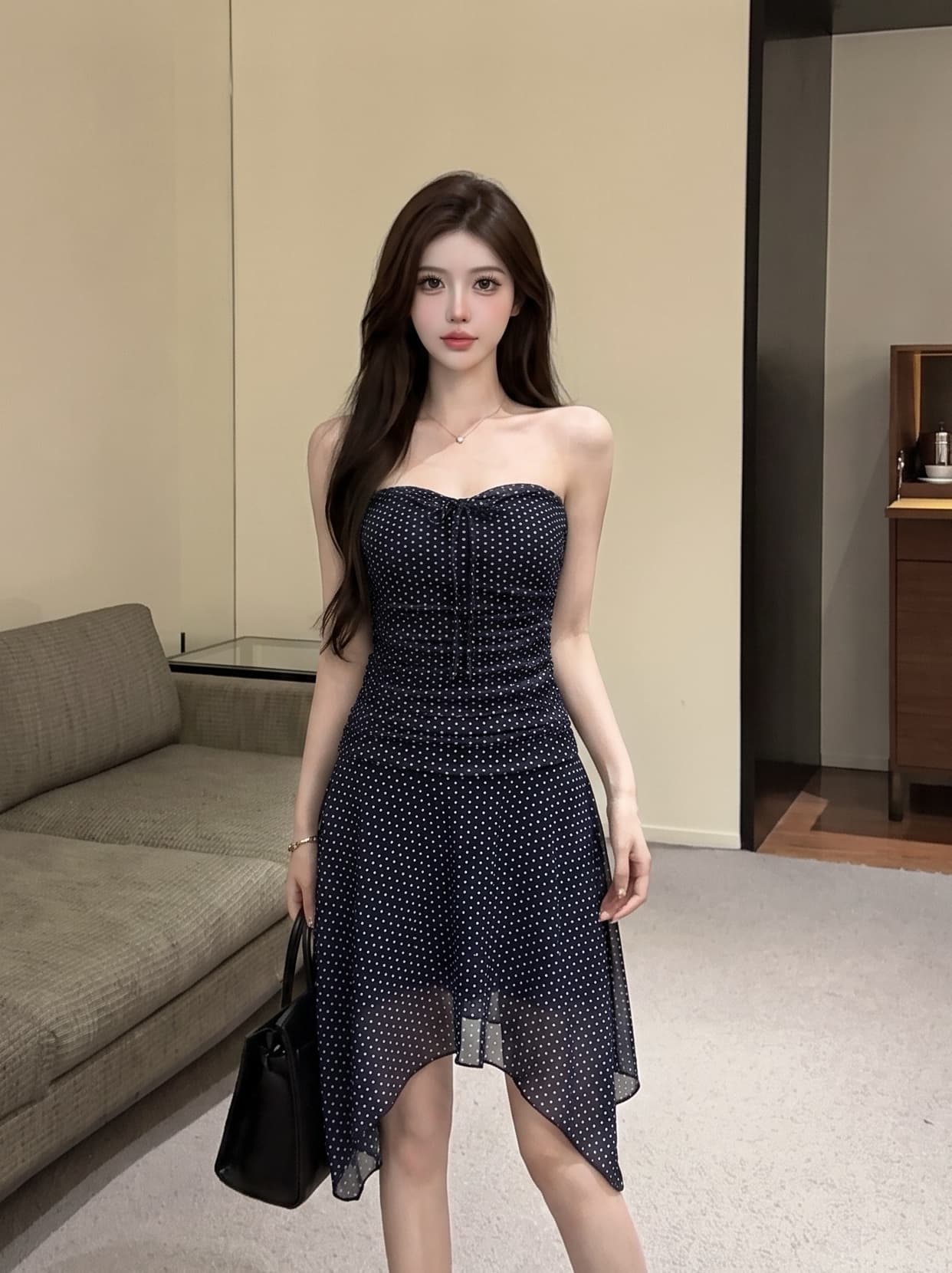 실사 프랑스식 순수한 욕망 품격 도트 무늬 튜브탑 레이스업 여성 드레스 여름 허리 수축 슬림해 보이는 불규칙 짧은 치마 상세 이미지 7