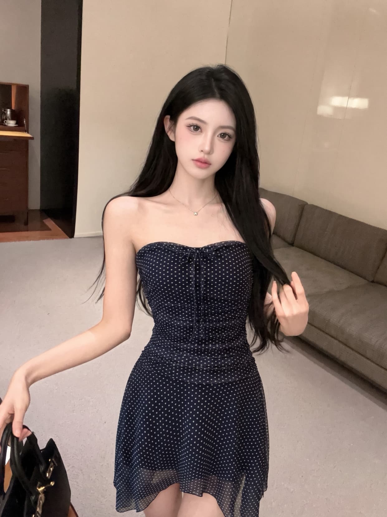 실사 프랑스식 순수한 욕망 품격 도트 무늬 튜브탑 레이스업 여성 드레스 여름 허리 수축 슬림해 보이는 불규칙 짧은 치마 상세 이미지 8