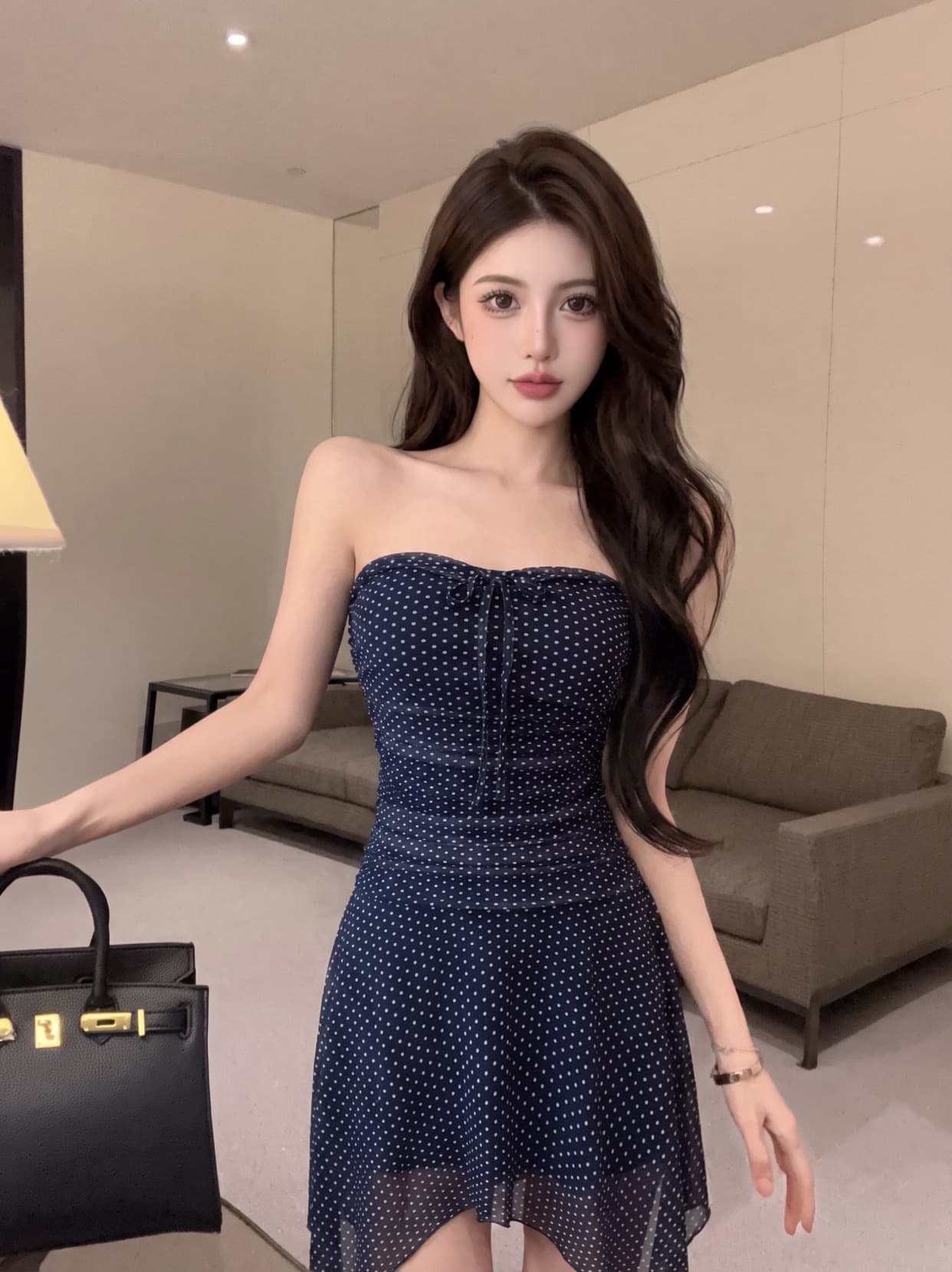 실사 프랑스식 순수한 욕망 품격 도트 무늬 튜브탑 레이스업 여성 드레스 여름 허리 수축 슬림해 보이는 불규칙 짧은 치마 상세 이미지 9