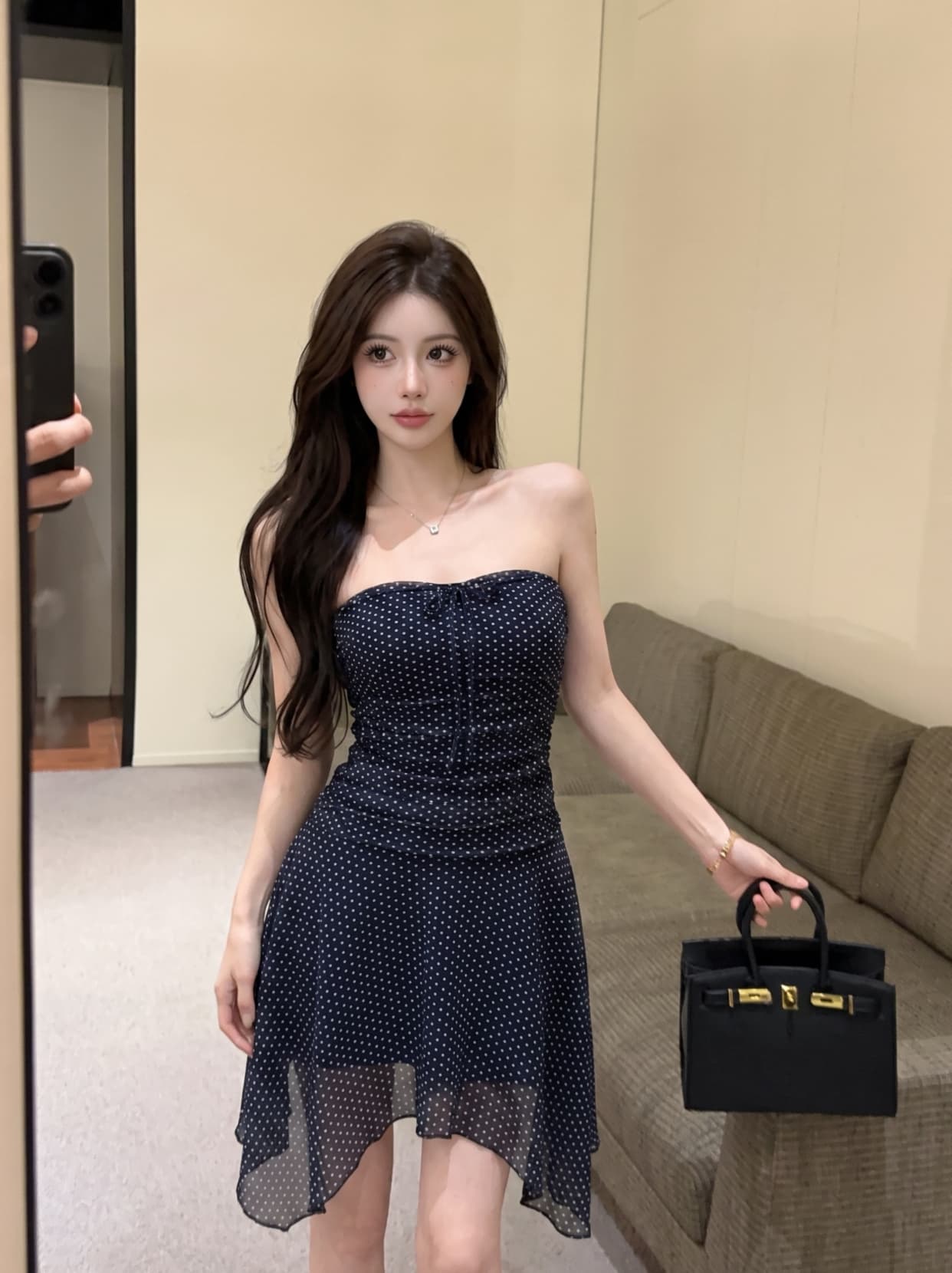 실사 프랑스식 순수한 욕망 품격 도트 무늬 튜브탑 레이스업 여성 드레스 여름 허리 수축 슬림해 보이는 불규칙 짧은 치마 상세 이미지 12