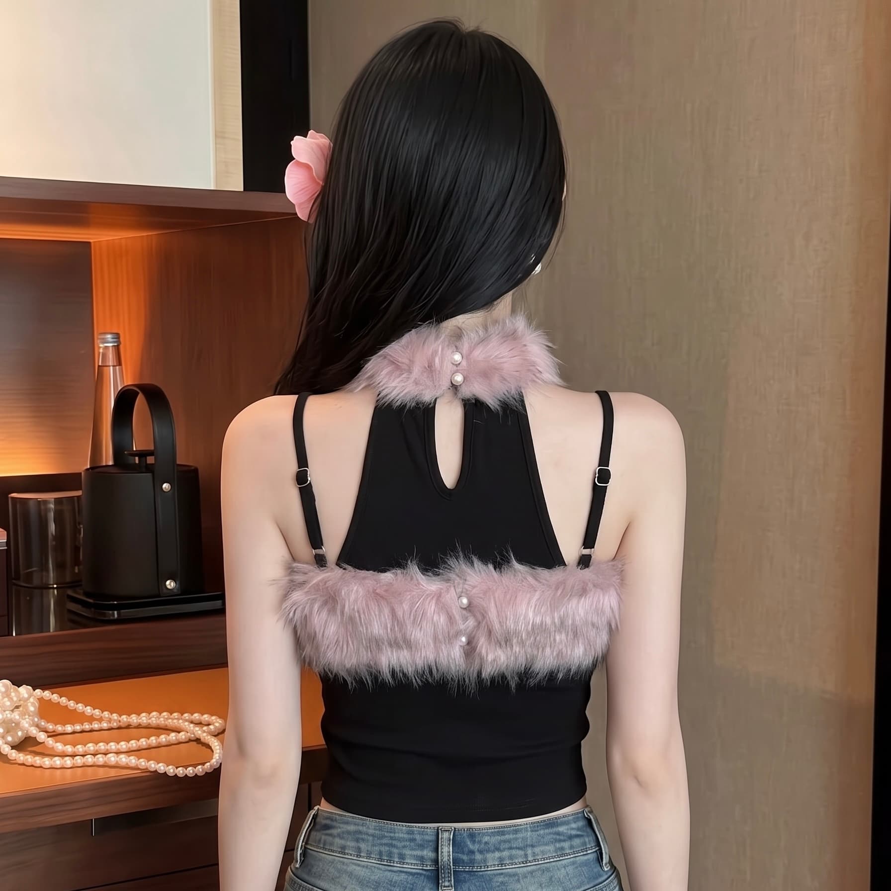 실사 순수한 욕망 달콤한 매운맛 행침 목 모피 패치워크 조끼 오프숄더 하이웨이스트 쇼트 스타일 몸매 가꾸기 슬림해 보이는 민소매 맨위 트렌디 이미지 6
