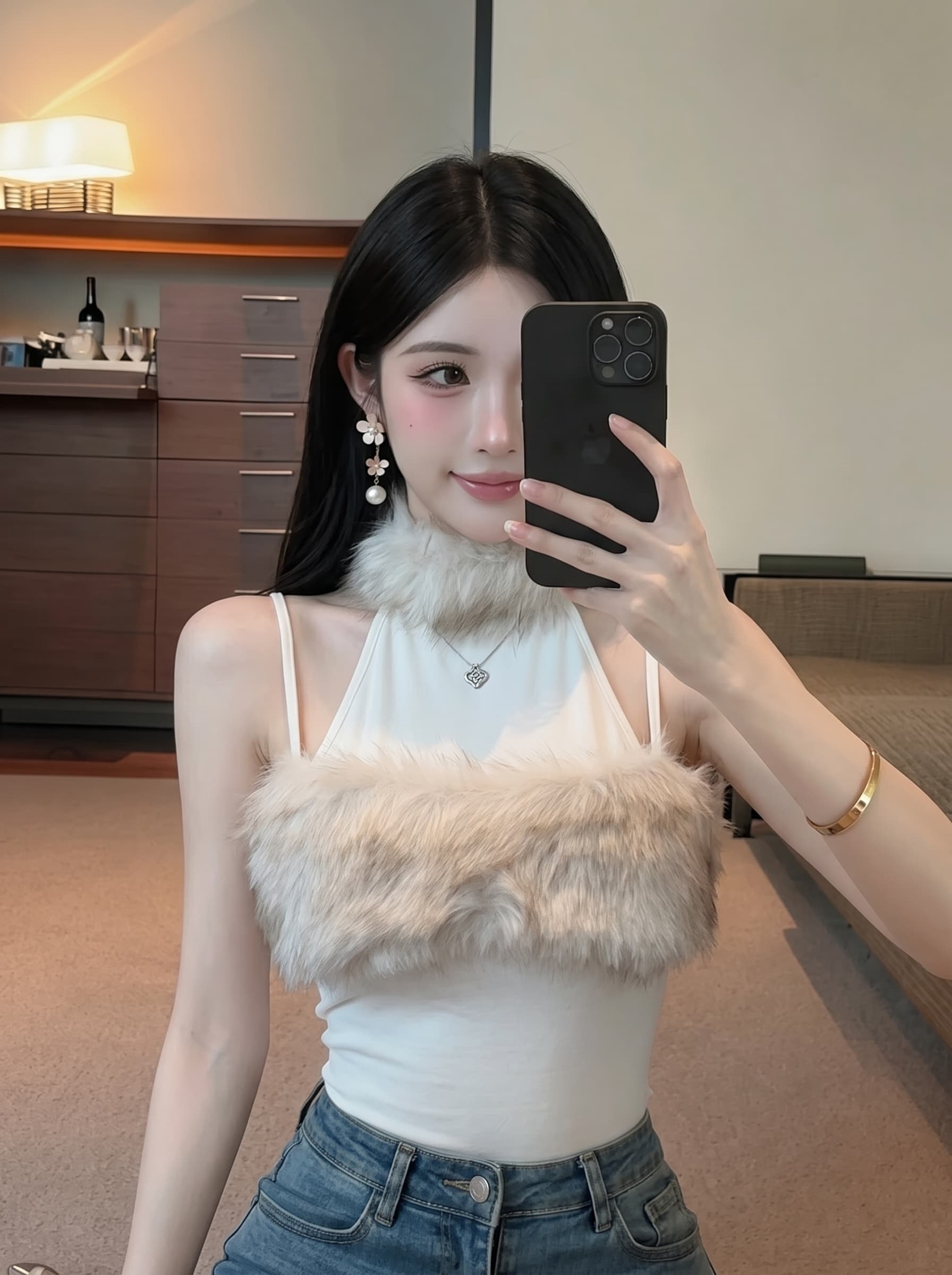 실사 순수한 욕망 달콤한 매운맛 행침 목 모피 패치워크 조끼 오프숄더 하이웨이스트 쇼트 스타일 몸매 가꾸기 슬림해 보이는 민소매 맨위 트렌디 상세 이미지 1