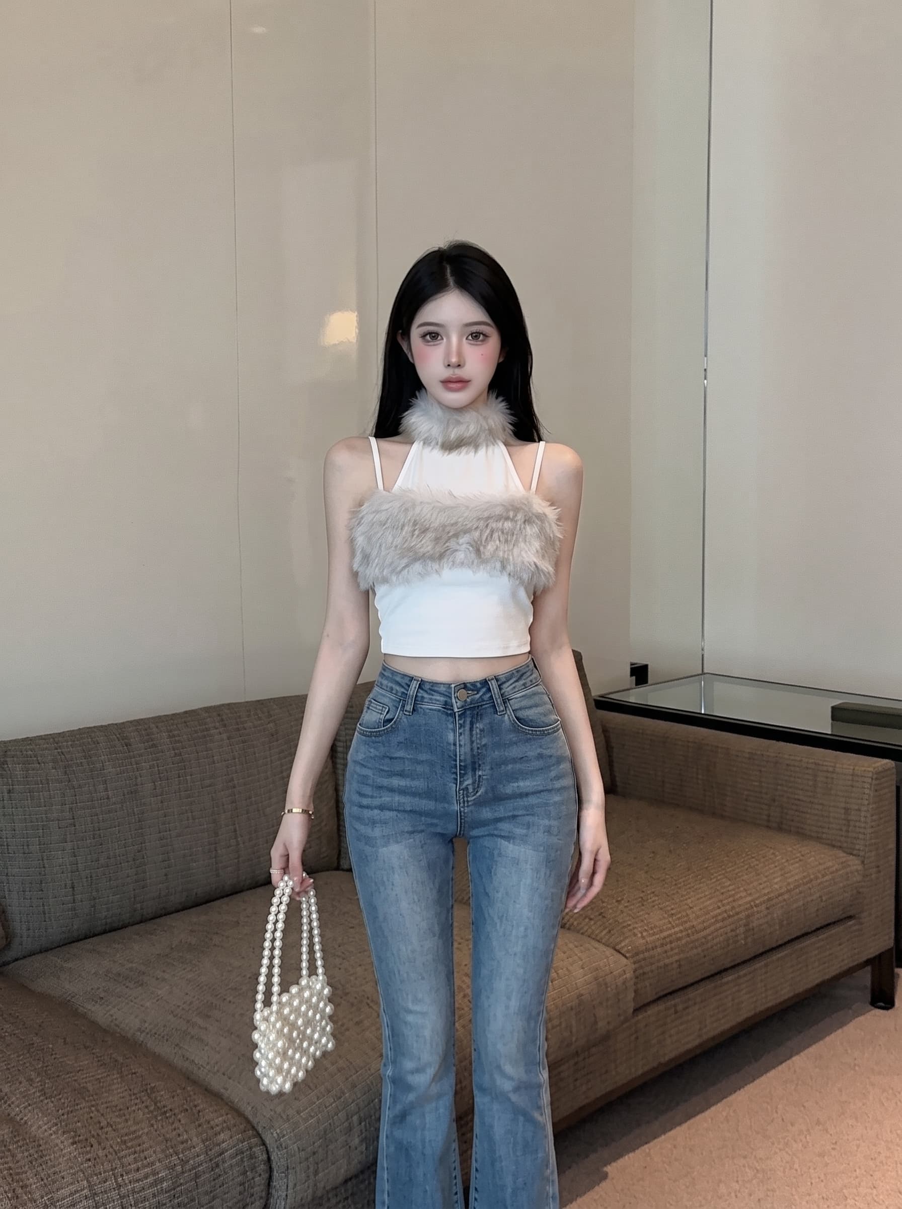 실사 순수한 욕망 달콤한 매운맛 행침 목 모피 패치워크 조끼 오프숄더 하이웨이스트 쇼트 스타일 몸매 가꾸기 슬림해 보이는 민소매 맨위 트렌디 상세 이미지 2