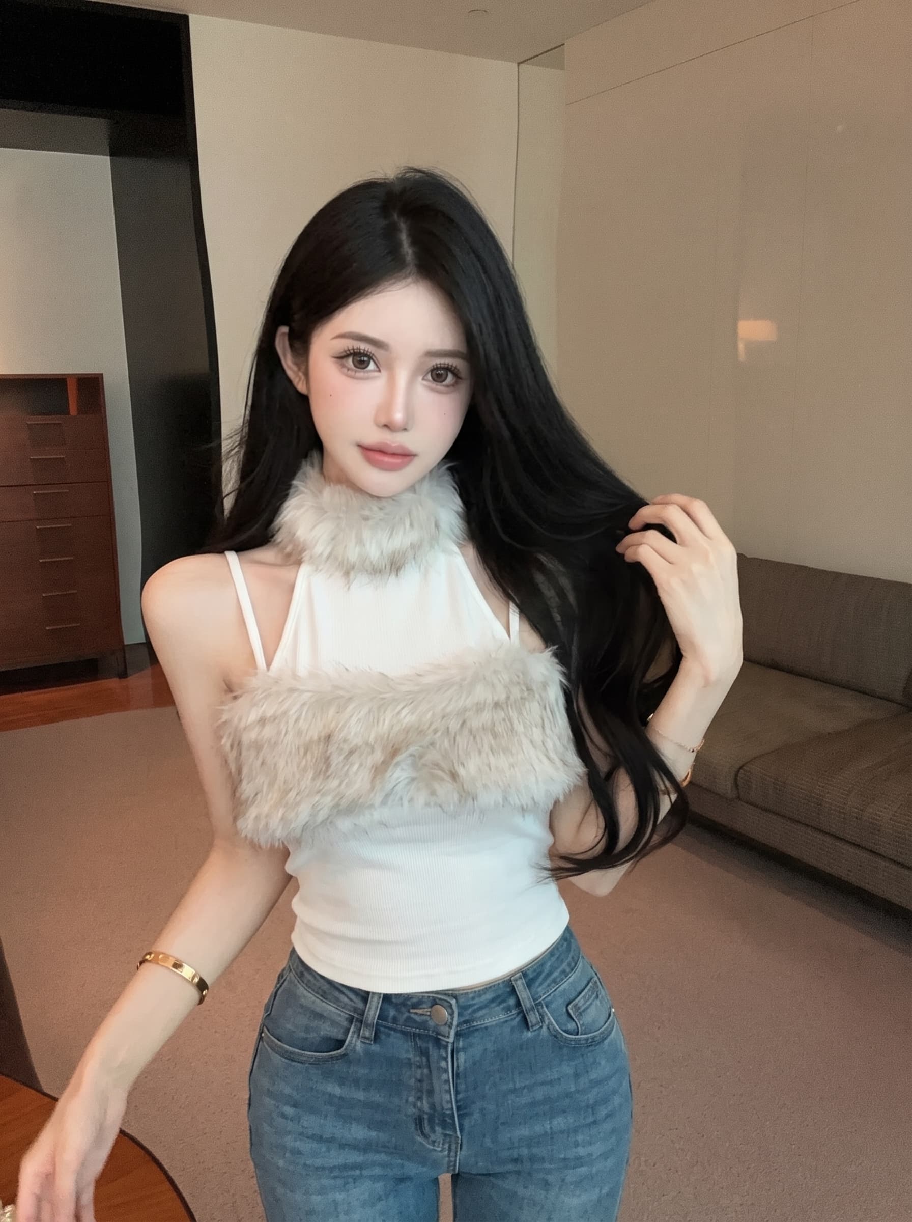 실사 순수한 욕망 달콤한 매운맛 행침 목 모피 패치워크 조끼 오프숄더 하이웨이스트 쇼트 스타일 몸매 가꾸기 슬림해 보이는 민소매 맨위 트렌디 상세 이미지 3