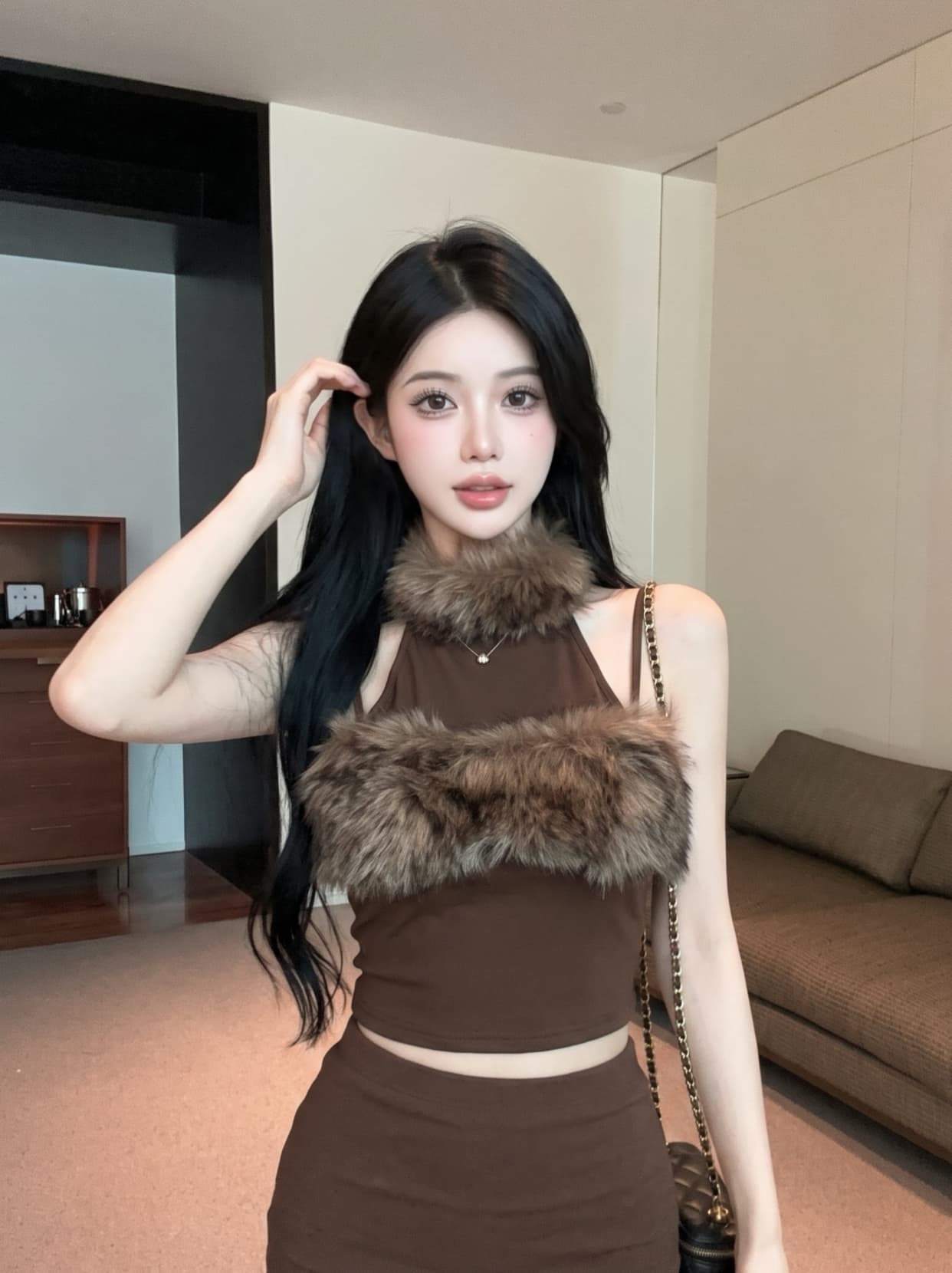 실사 순수한 욕망 달콤한 매운맛 행침 목 모피 패치워크 조끼 오프숄더 하이웨이스트 쇼트 스타일 몸매 가꾸기 슬림해 보이는 민소매 맨위 트렌디 상세 이미지 6