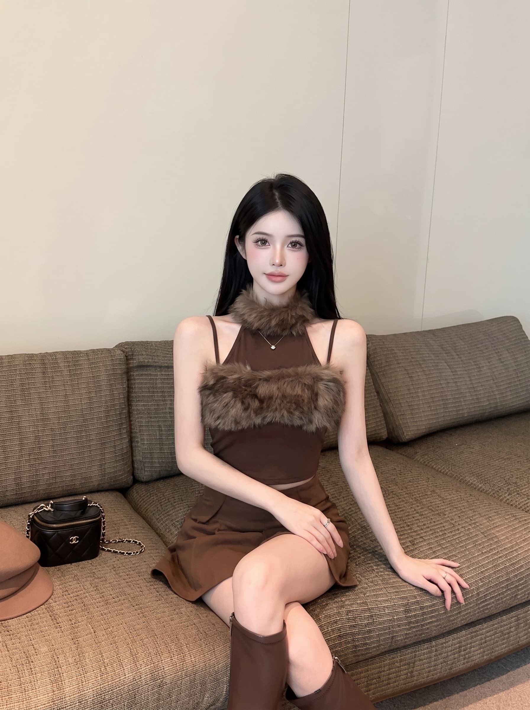 실사 순수한 욕망 달콤한 매운맛 행침 목 모피 패치워크 조끼 오프숄더 하이웨이스트 쇼트 스타일 몸매 가꾸기 슬림해 보이는 민소매 맨위 트렌디 상세 이미지 7