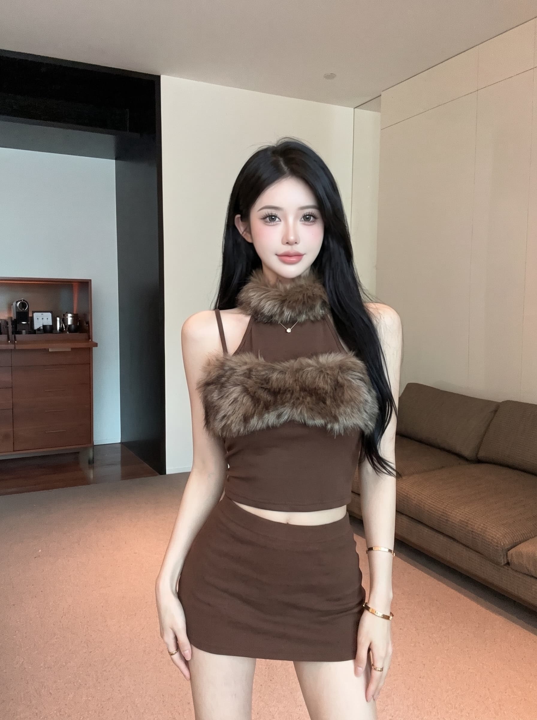실사 순수한 욕망 달콤한 매운맛 행침 목 모피 패치워크 조끼 오프숄더 하이웨이스트 쇼트 스타일 몸매 가꾸기 슬림해 보이는 민소매 맨위 트렌디 상세 이미지 9