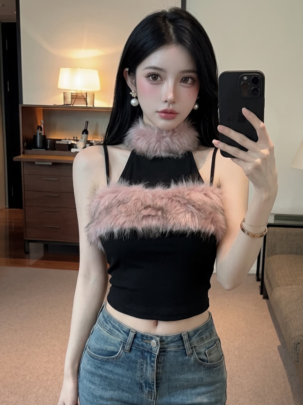 실사 순수한 욕망 달콤한 매운맛 행침 목 모피 패치워크 조끼 오프숄더 하이웨이스트 쇼트 스타일 몸매 가꾸기 슬림해 보이는 민소매 맨위 트렌디 상세 이미지 12
