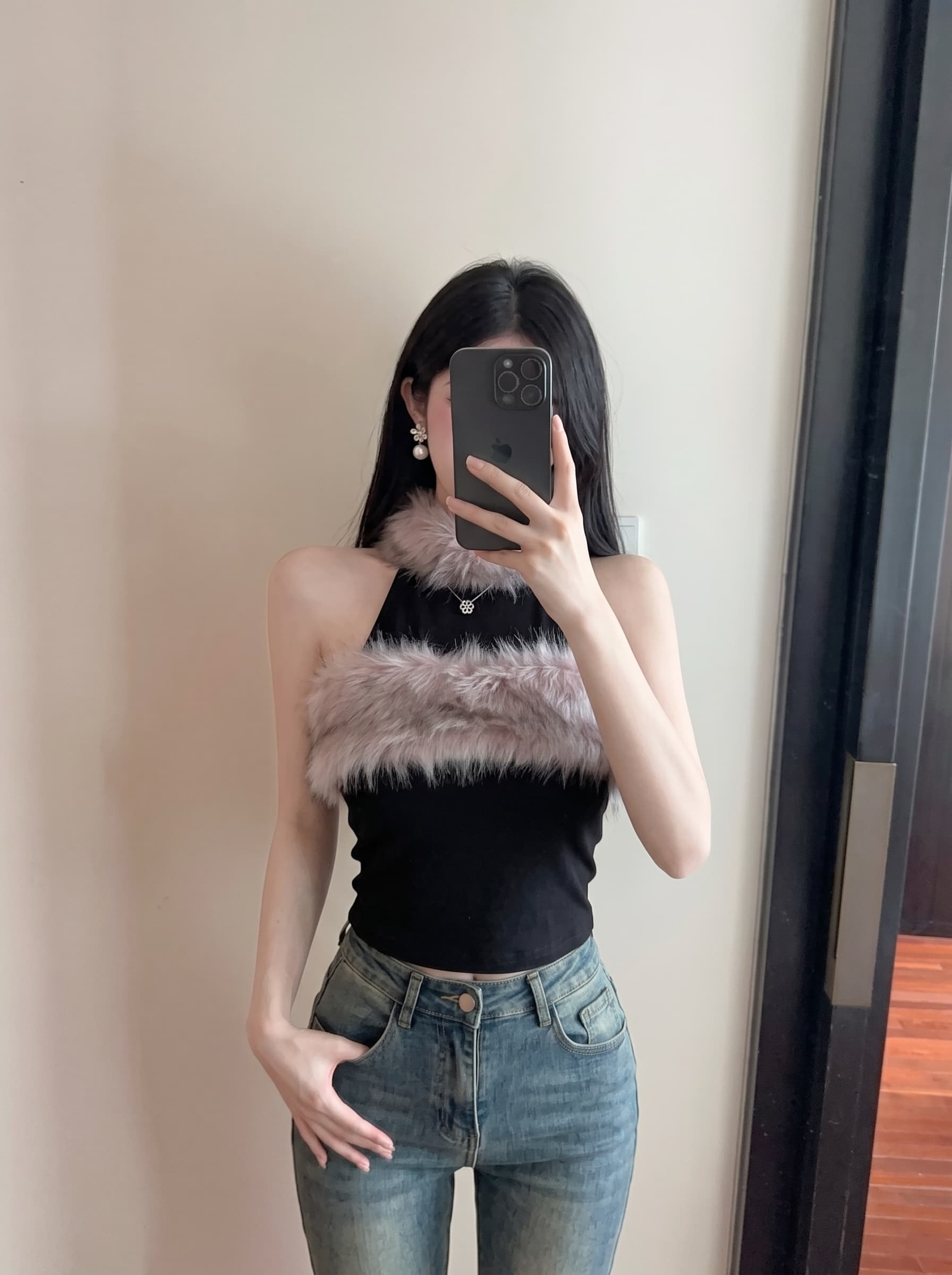 실사 순수한 욕망 달콤한 매운맛 행침 목 모피 패치워크 조끼 오프숄더 하이웨이스트 쇼트 스타일 몸매 가꾸기 슬림해 보이는 민소매 맨위 트렌디 상세 이미지 14