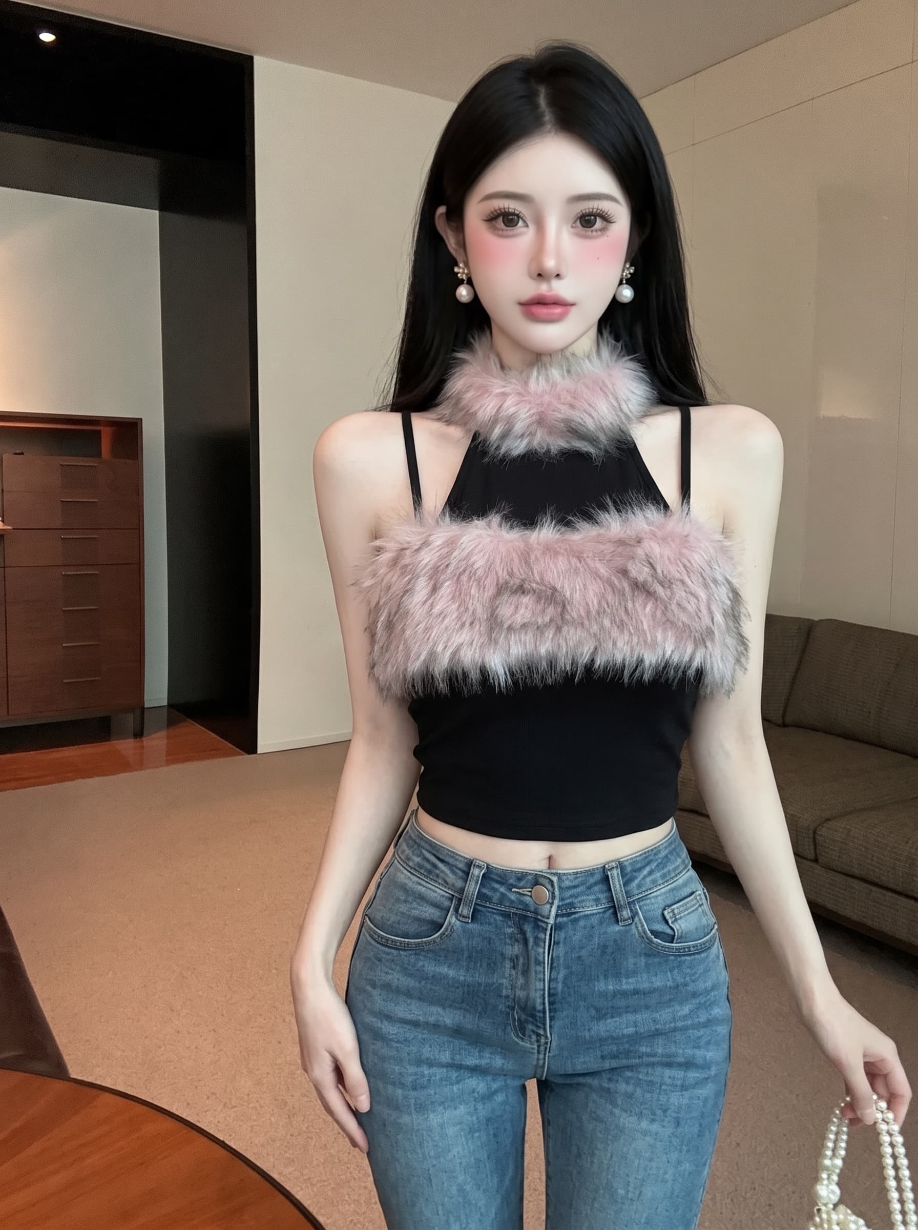 실사 순수한 욕망 달콤한 매운맛 행침 목 모피 패치워크 조끼 오프숄더 하이웨이스트 쇼트 스타일 몸매 가꾸기 슬림해 보이는 민소매 맨위 트렌디 상세 이미지 16