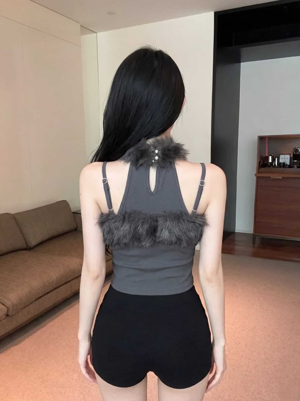 실사 순수한 욕망 달콤한 매운맛 행침 목 모피 패치워크 조끼 오프숄더 하이웨이스트 쇼트 스타일 몸매 가꾸기 슬림해 보이는 민소매 맨위 트렌디 상세 이미지 19