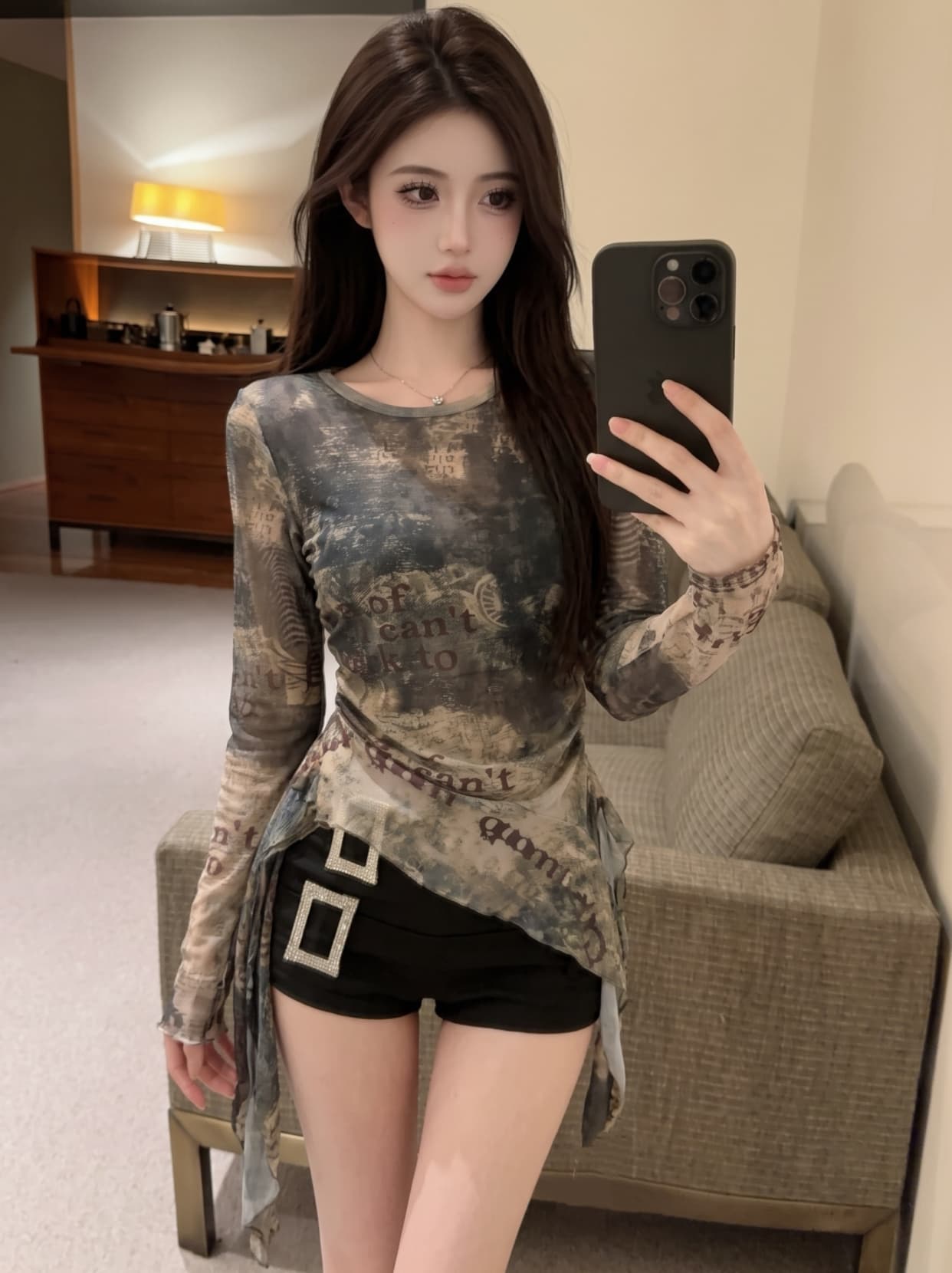 실사 불규칙 프릴 홀치기 염색 망사 긴팔 티셔츠 여성 여름 아메리칸 핫걸 허리 수축 작은 대중 맨위 이미지 3