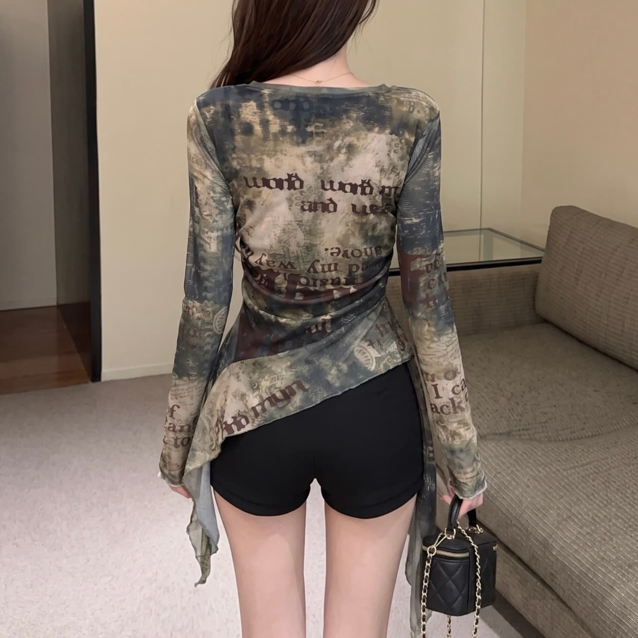 실사 불규칙 프릴 홀치기 염색 망사 긴팔 티셔츠 여성 여름 아메리칸 핫걸 허리 수축 작은 대중 맨위 이미지 6