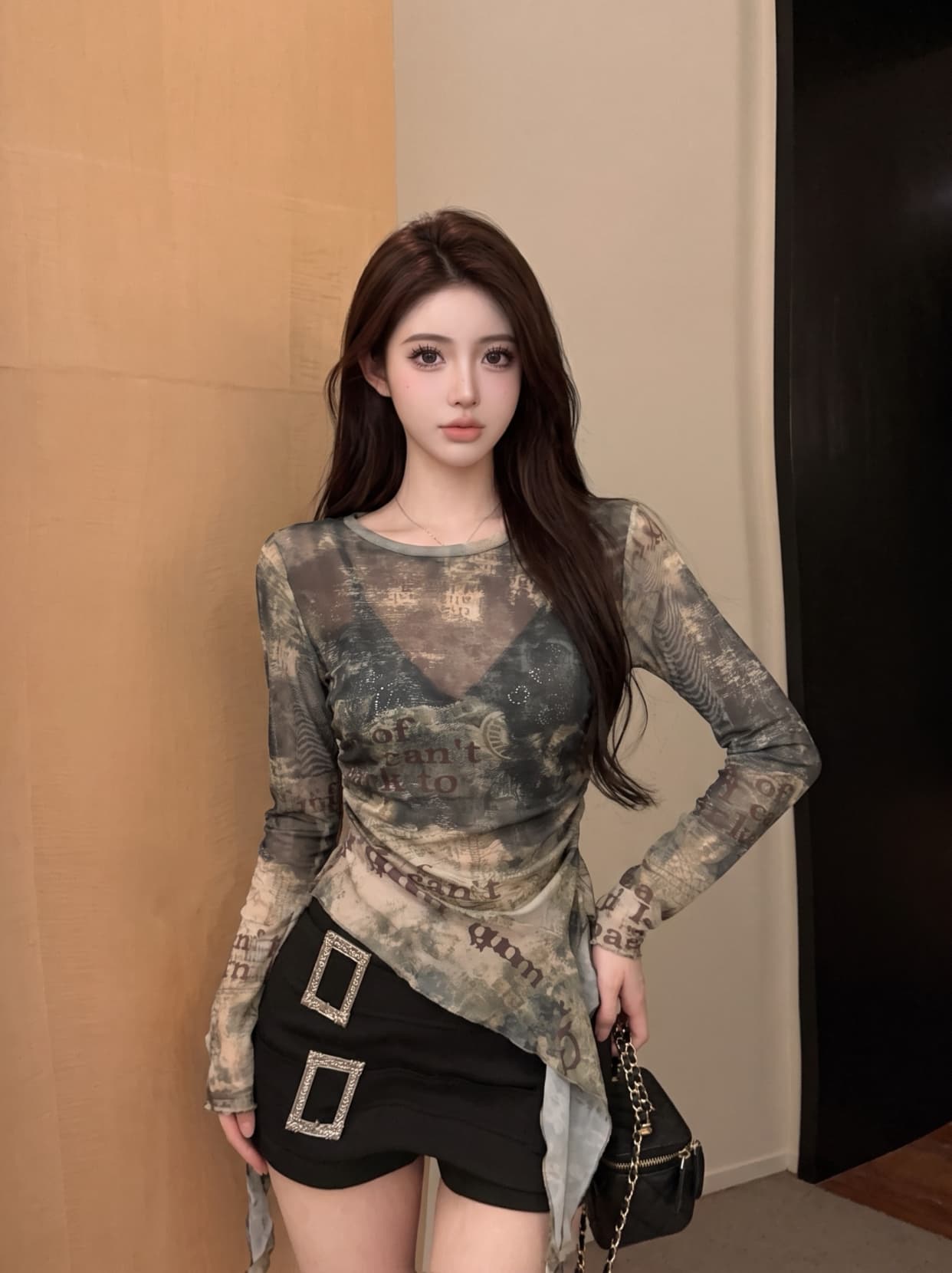 실사 불규칙 프릴 홀치기 염색 망사 긴팔 티셔츠 여성 여름 아메리칸 핫걸 허리 수축 작은 대중 맨위 이미지 5