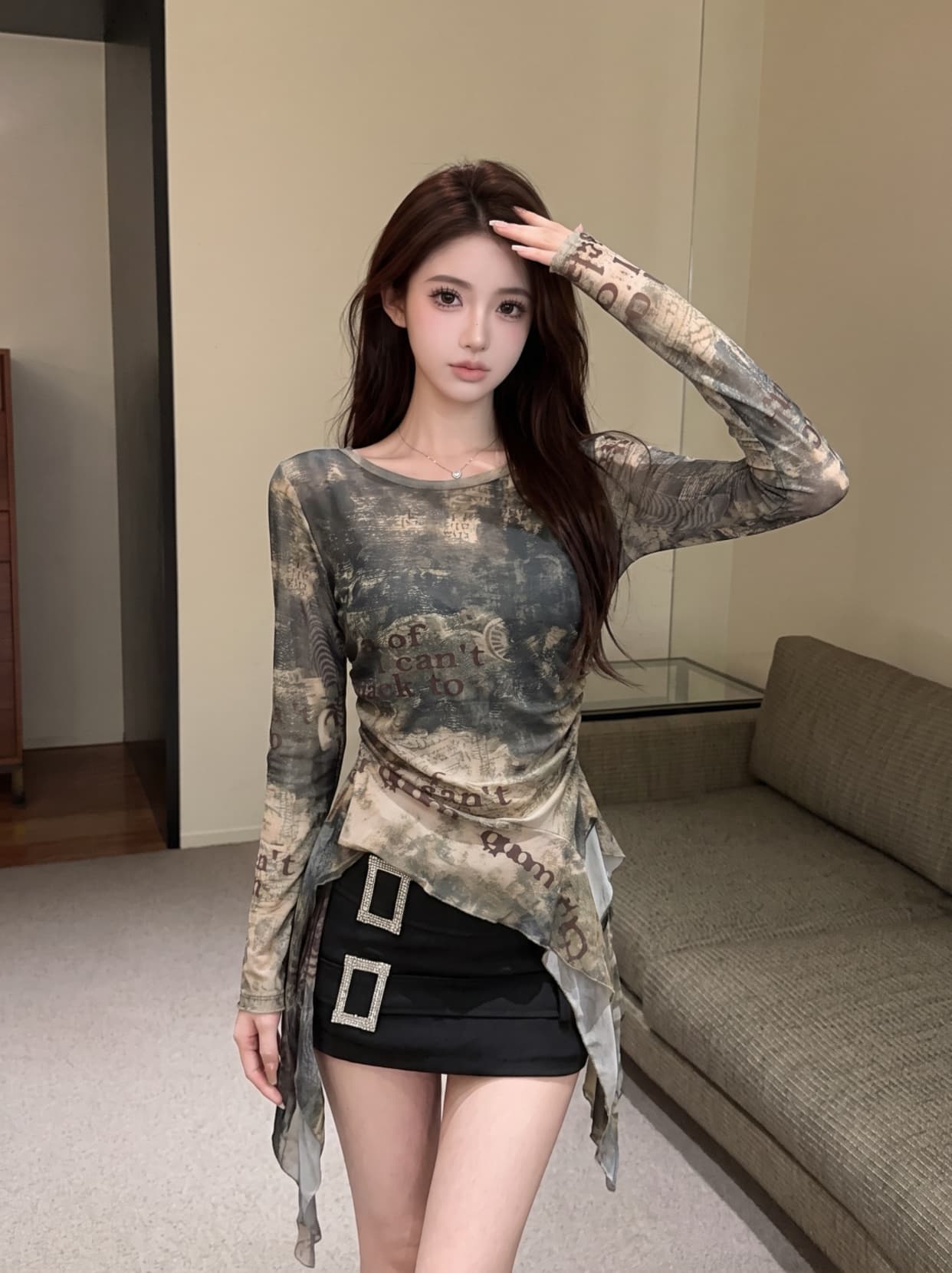 실사 불규칙 프릴 홀치기 염색 망사 긴팔 티셔츠 여성 여름 아메리칸 핫걸 허리 수축 작은 대중 맨위 상세 이미지 2