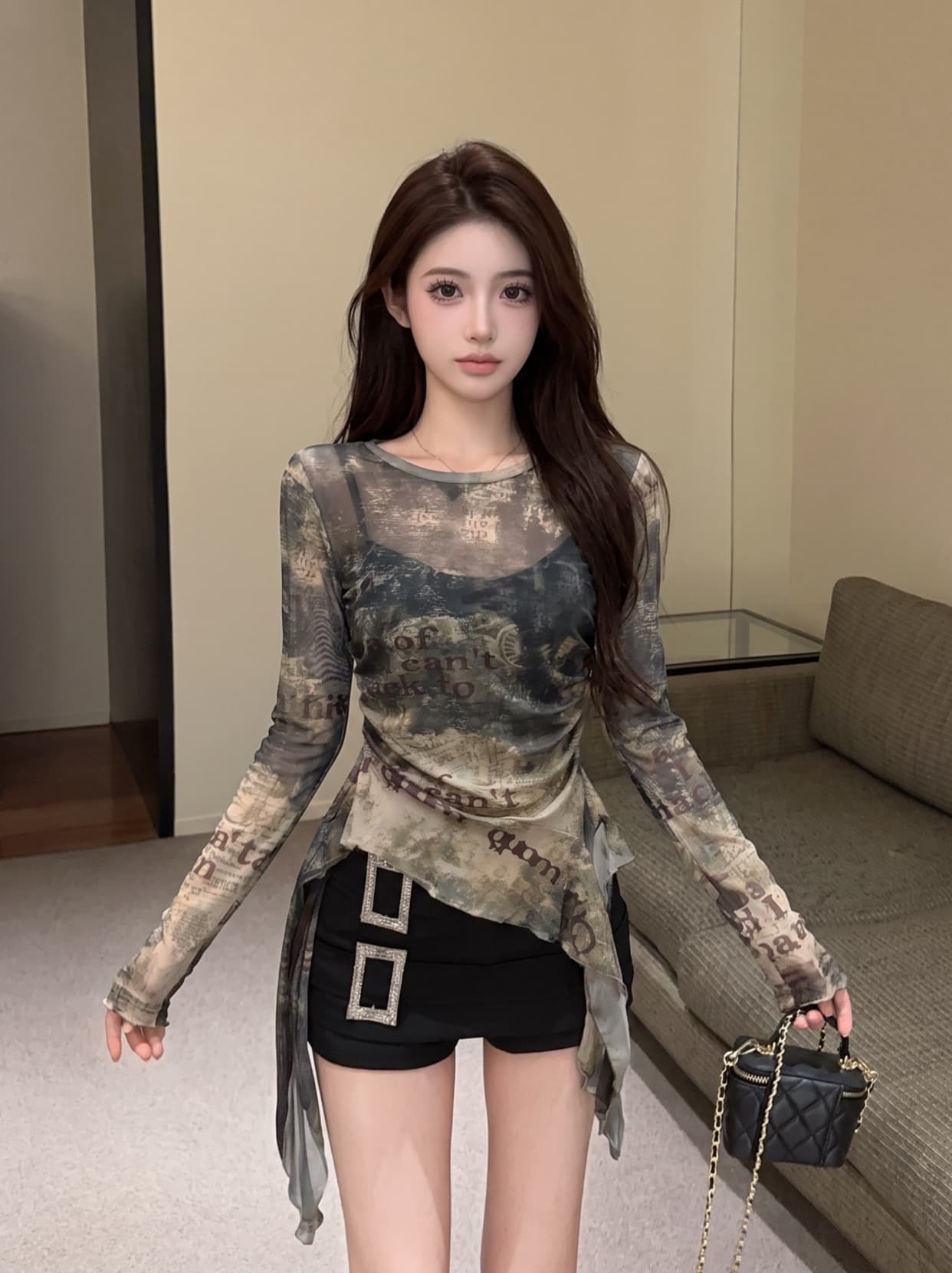 실사 불규칙 프릴 홀치기 염색 망사 긴팔 티셔츠 여성 여름 아메리칸 핫걸 허리 수축 작은 대중 맨위 상세 이미지 3
