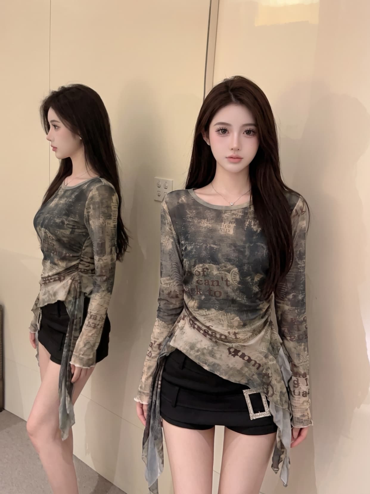 실사 불규칙 프릴 홀치기 염색 망사 긴팔 티셔츠 여성 여름 아메리칸 핫걸 허리 수축 작은 대중 맨위 상세 이미지 5