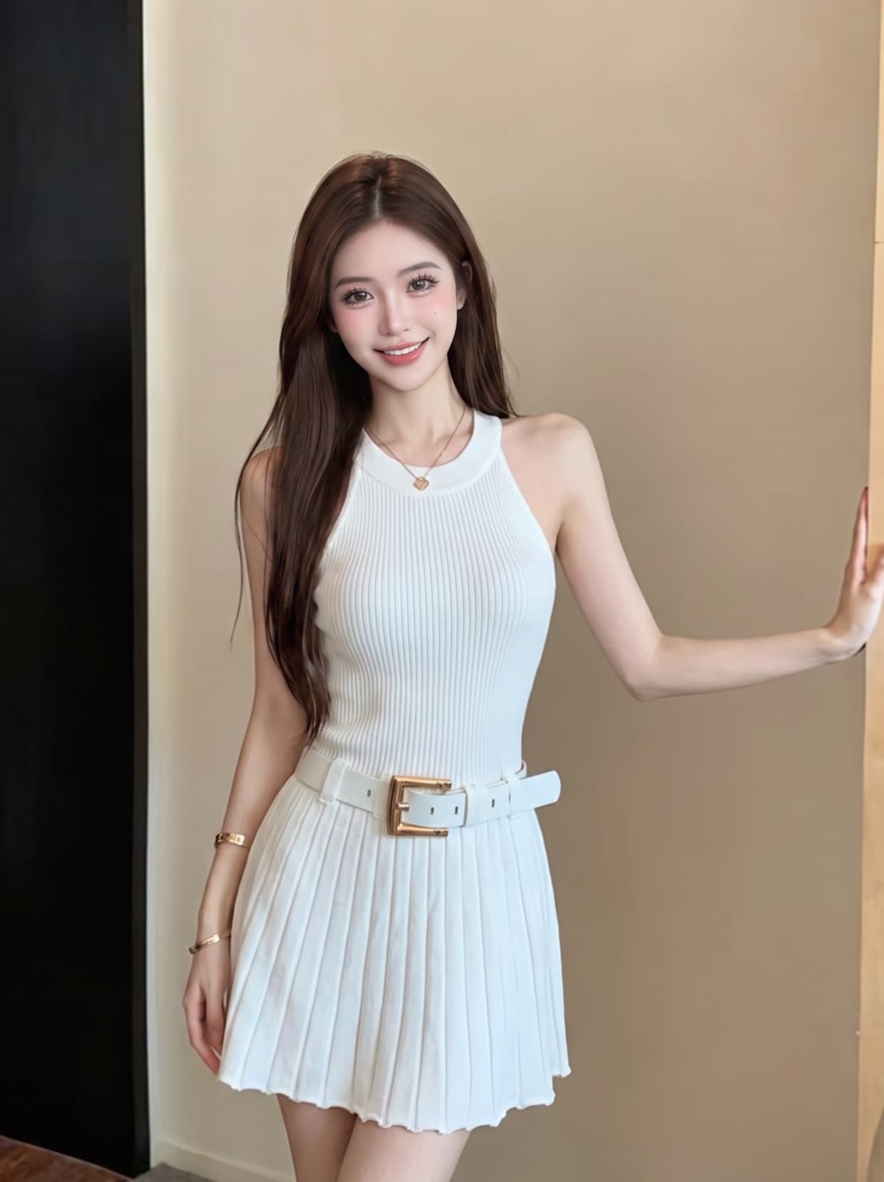 실사 작은 키 순수한 욕망 바람 행침 목 수직 구덩이 기사 니트 플리츠 스커트 민소매 허리 수축 드레스 벨트 포함 상세 이미지 1