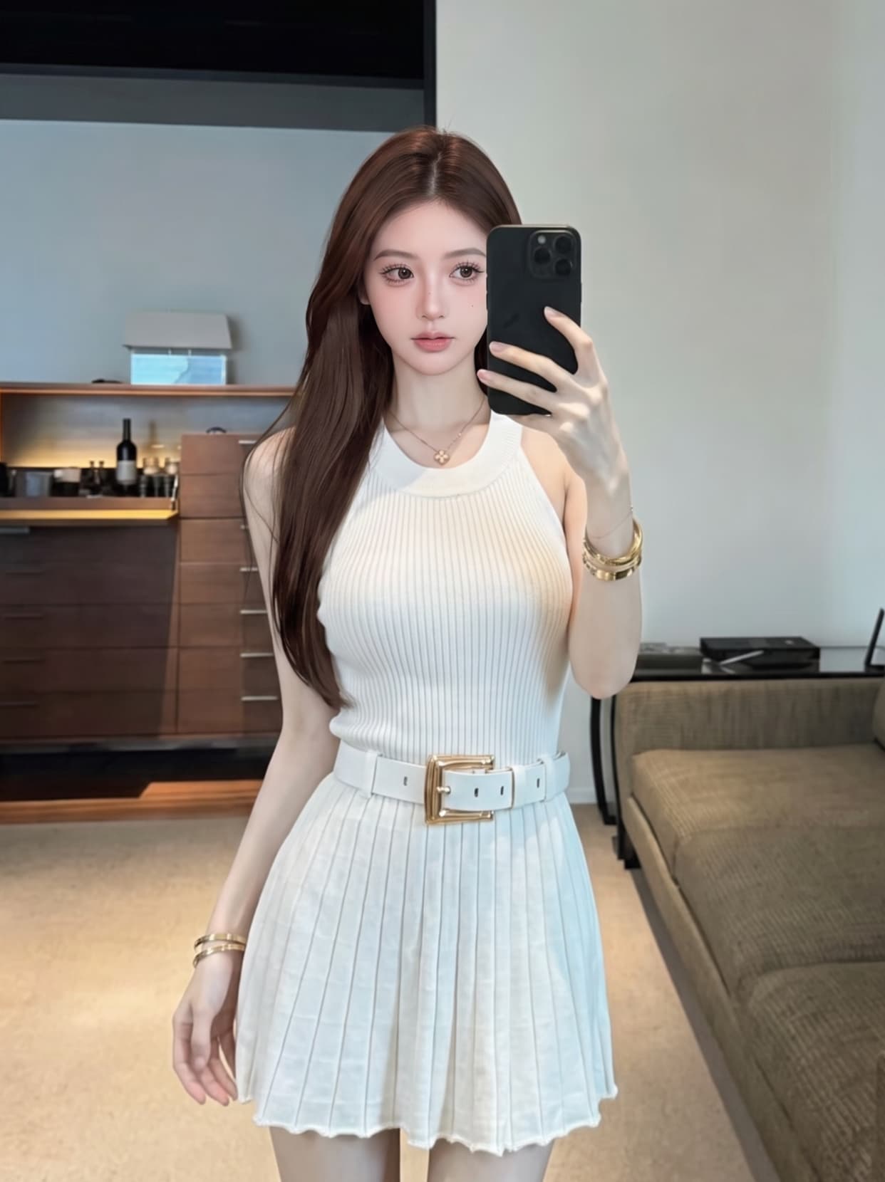 실사 작은 키 순수한 욕망 바람 행침 목 수직 구덩이 기사 니트 플리츠 스커트 민소매 허리 수축 드레스 벨트 포함 상세 이미지 2